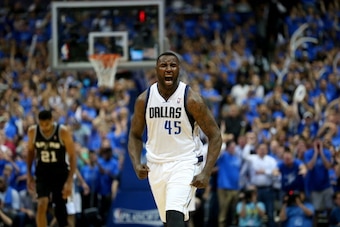 DALLAS, TX - APRIL 28:  DeJuan Blair #45 of the Dallas Mavericks reacts during play against the San Antonio Spurs in Game Four of the Western Conference Quarterfinals during the 2014 NBA Playoffs at American Airlines Center on April 28, 2014 in Dallas, Te