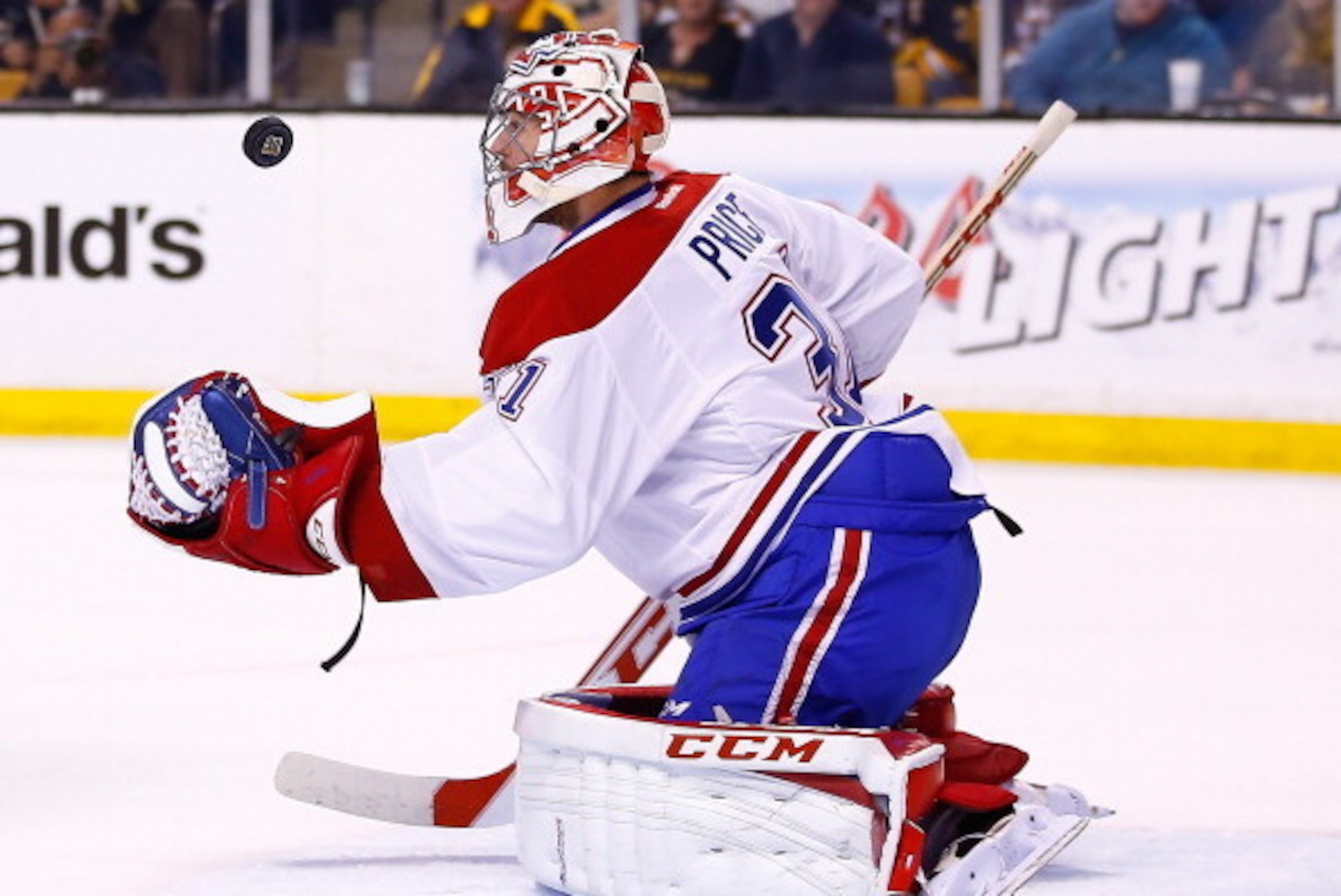 BOSTON, MA - MAY 01: Carey Price #31 of the Montreal Canadiens makes a glove save in the first period against the Boston Bruins in Game One of the Second Round of the 2014 NHL Stanley Cup Playoffs on May 1, 2014 in Boston, Massachusetts.  (Photo by Jared 