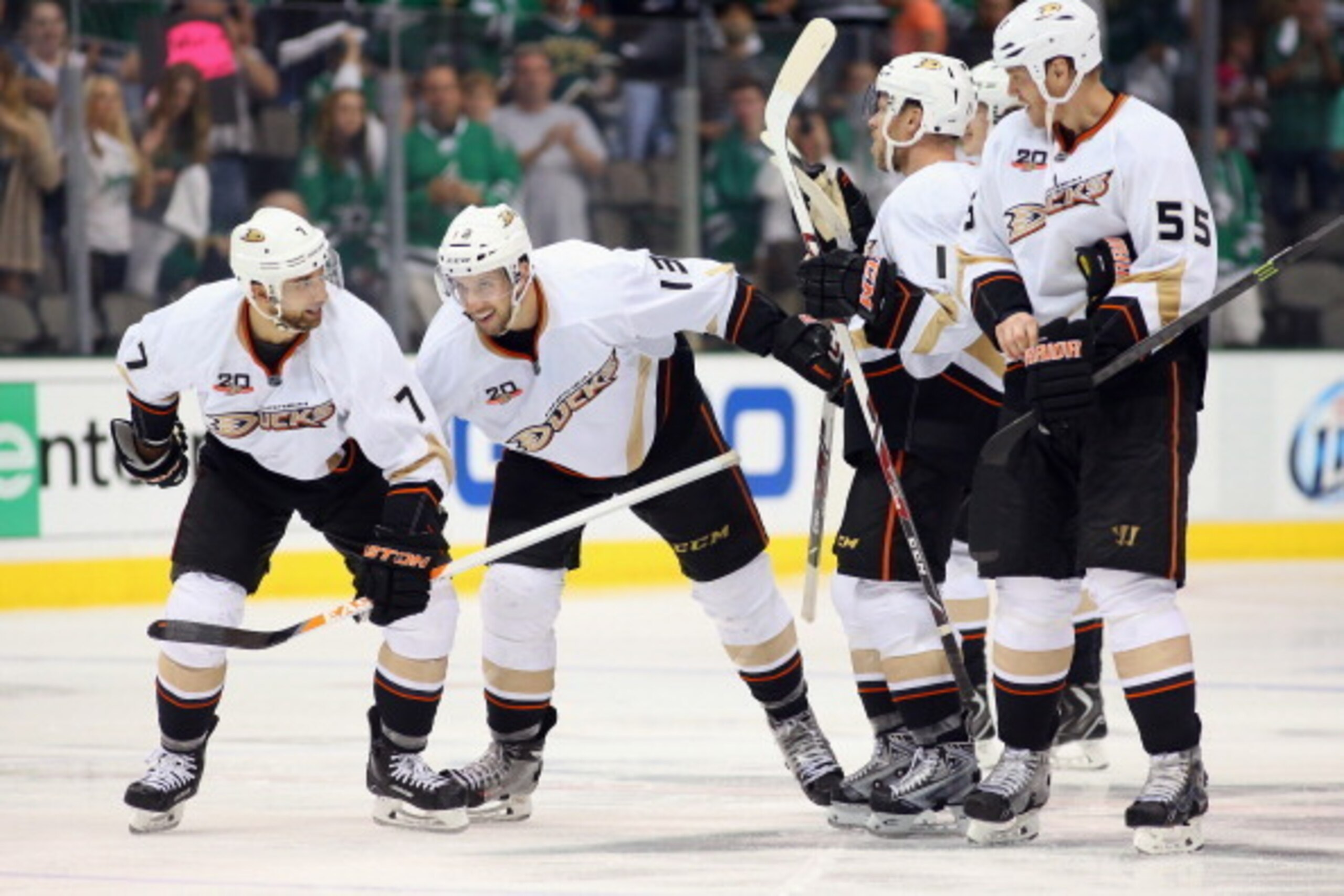 DALLAS, TX - APRIL 27:  Andrew Cogliano #7 celebrates the game winning goal with Nick Bonino #13 against the Dallas Stars in overtime during Game Six of the First Round of the 2014 NHL Stanley Cup Playoffs at American Airlines Center on April 27, 2014 in 