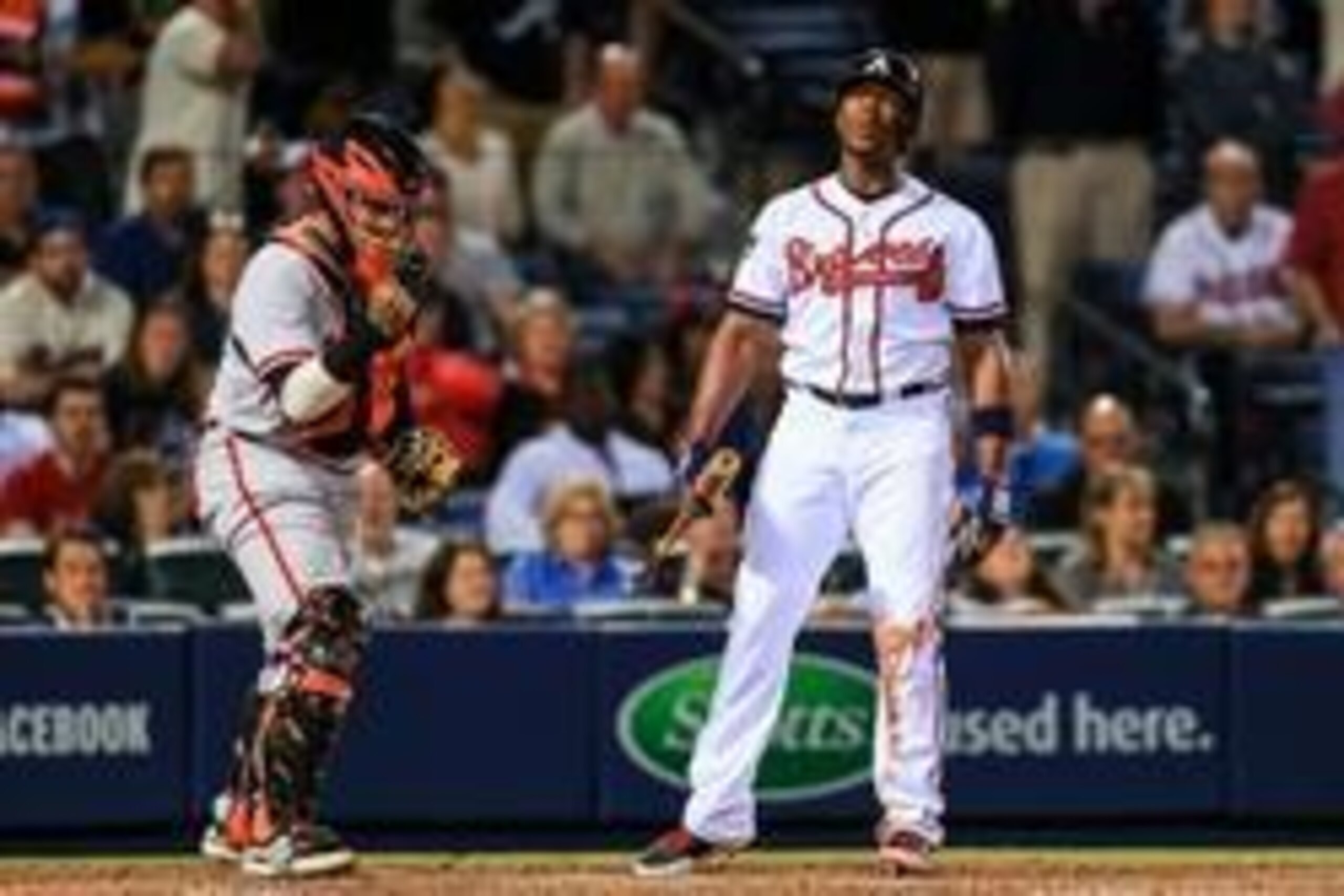 May 2, 2014; Atlanta, GA, USA; Atlanta Braves left fielder Justin Upton (8) reacts to striking out in the ninth inning against the San Francisco Giants at Turner Field. The Giants won 2-1. Mandatory Credit: Daniel Shirey-USA TODAY Sports
