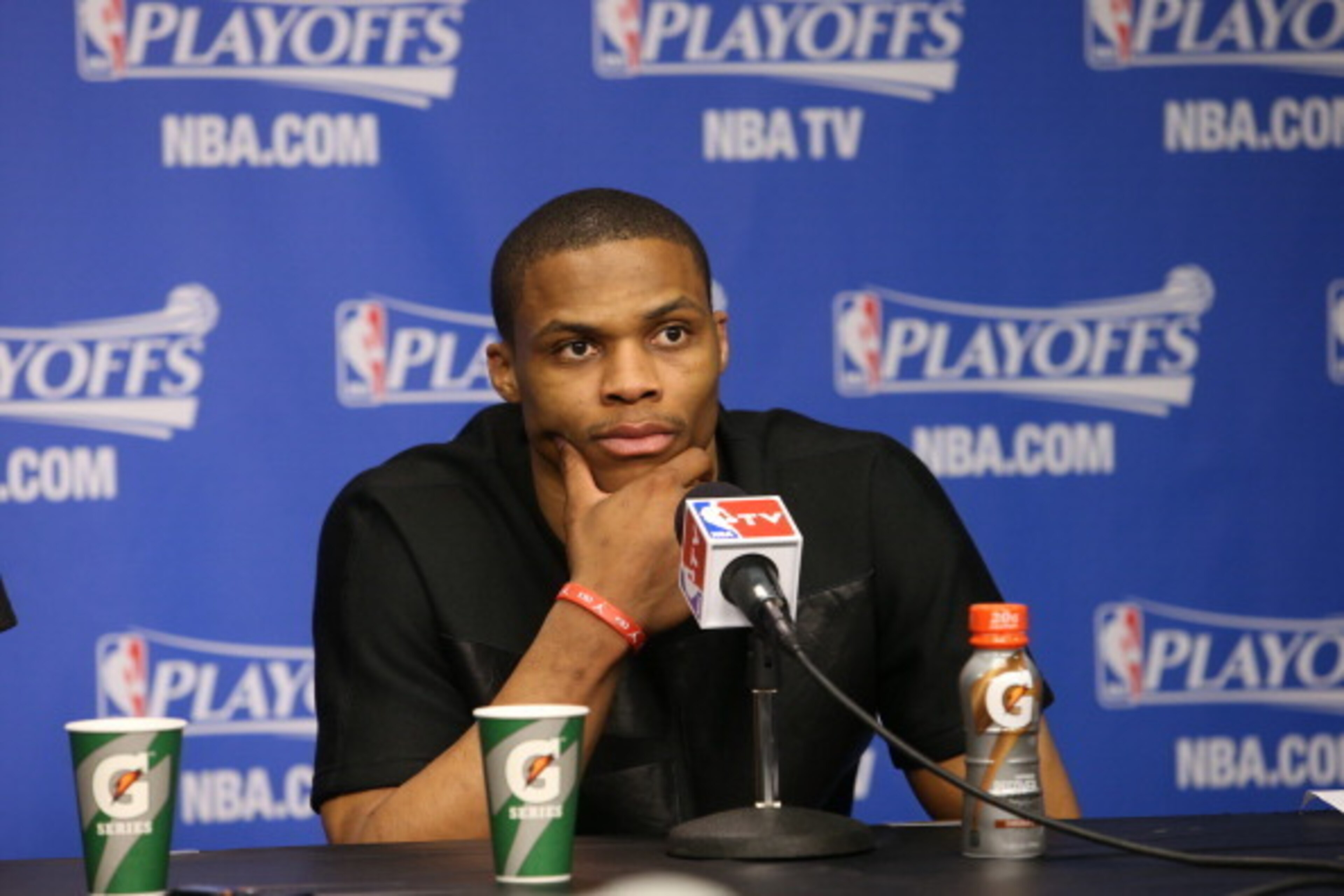 MEMPHIS, TN - MAY 1: Russell Westbrook #0 of the Oklahoma City Thunder addresses the media after Game Six of the Western Conference Quarterfinals against the Memphis Grizzlies during the 2014 NBA Playoffs on May 1, 2014 at FedExForum in Memphis, Tennessee MEMPHIS, TN - MAY 1: Russell Westbrook #0 of the Oklahoma City Thunder addresses the media after Game Six of the Western Conference Quarterfinals against the Memphis Grizzlies during the 2014 NBA Playoffs on May 1, 2014 at FedExForum in Memphis, Tennessee