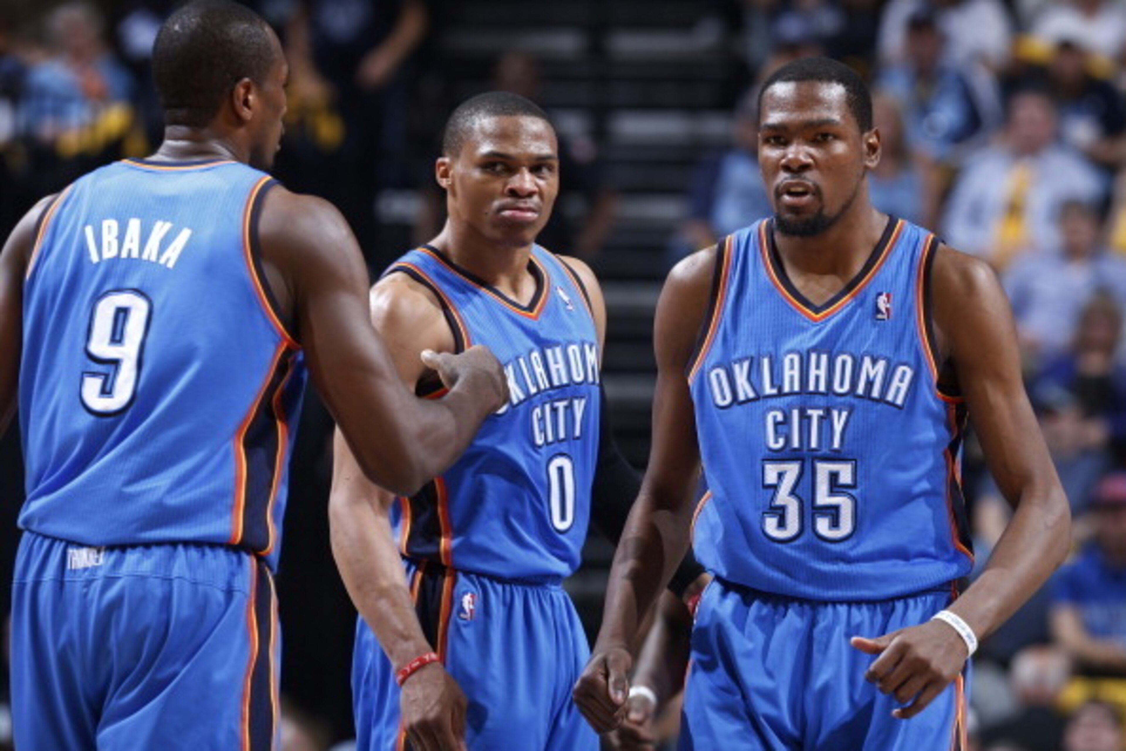 MEMPHIS, TN - MAY 1: Kevin Durant #35 and Russell Westbrook #0 of the Oklahoma City Thunder react against the Memphis Grizzlies during Game Six of the Western Conference Quarterfinals of the 2014 NBA Playoffs on May 1, 2014 at FedEx Forum in Memphis, Tenn MEMPHIS, TN - MAY 1: Kevin Durant #35 and Russell Westbrook #0 of the Oklahoma City Thunder react against the Memphis Grizzlies during Game Six of the Western Conference Quarterfinals of the 2014 NBA Playoffs on May 1, 2014 at FedEx Forum in Memphis, Tenn