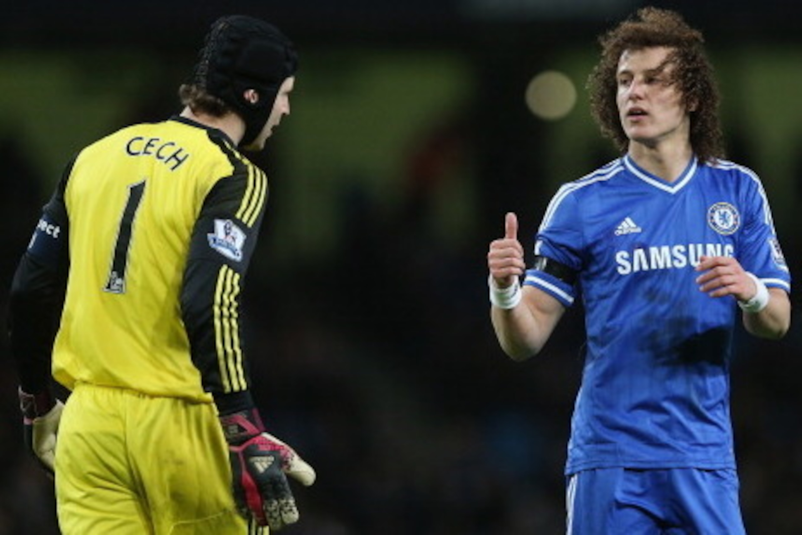 MANCHESTER, ENGLAND - FEBRUARY 15:  David Luiz and  Petr Cech of Chelsea during the FA Cup Fifth Round match sponsored by Budweiser between Manchester City and Chelsea at Etihad Stadium on February 15, 2014 in Manchester, England.  (Photo by Clive Brunski