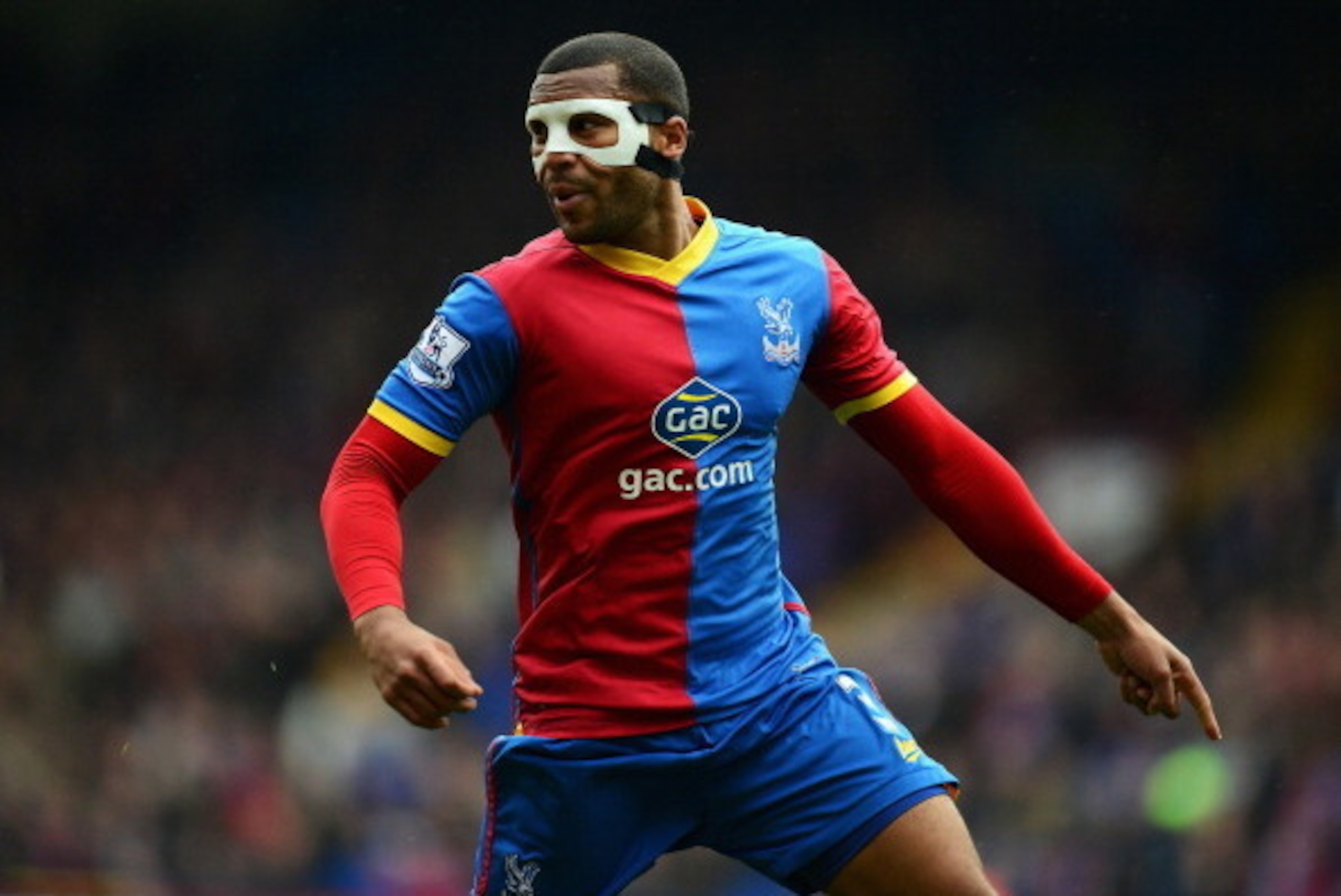 LONDON, ENGLAND - APRIL 27: Adrian Mariappa of Crystal Palace wears a protective mask during the Barclays Premier League match between Crystal Palace and Manchester City at Selhurst Park on April 27, 2014 in London, England.  (Photo by Jamie McDonald/Gett
