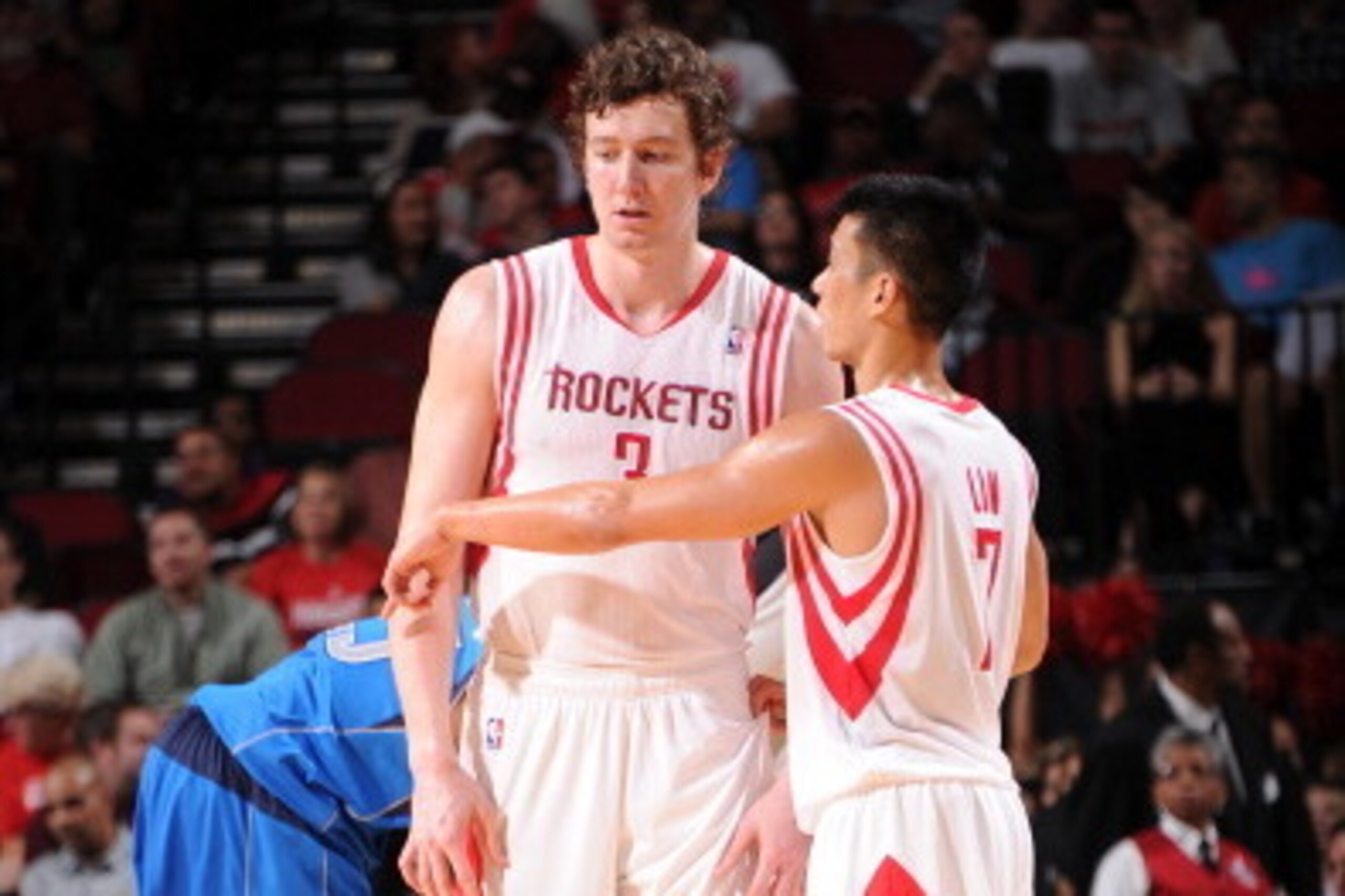 HOUSTON, TX - OCTOBER 21: Omer Asik #3 of the Houston Rockets talks with Jeremy Lin #7 of the Houston Rockets during the game against the Dallas Mavericks during a 2013 NBA pre-season game on October 21, 2013 at the Toyota Center in Houston, Texas. NOTE HOUSTON, TX - OCTOBER 21: Omer Asik #3 of the Houston Rockets talks with Jeremy Lin #7 of the Houston Rockets during the game against the Dallas Mavericks during a 2013 NBA pre-season game on October 21, 2013 at the Toyota Center in Houston, Texas. NOTE