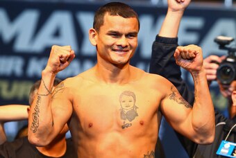 May 2, 2014; Las Vegas, NV, USA; Marcos Maidana flexes during weigh ins prior to his fight against Floyd Mayweather at MGM Grand Garden Arena. Mandatory Credit: Mark J. Rebilas-USA TODAY Sports