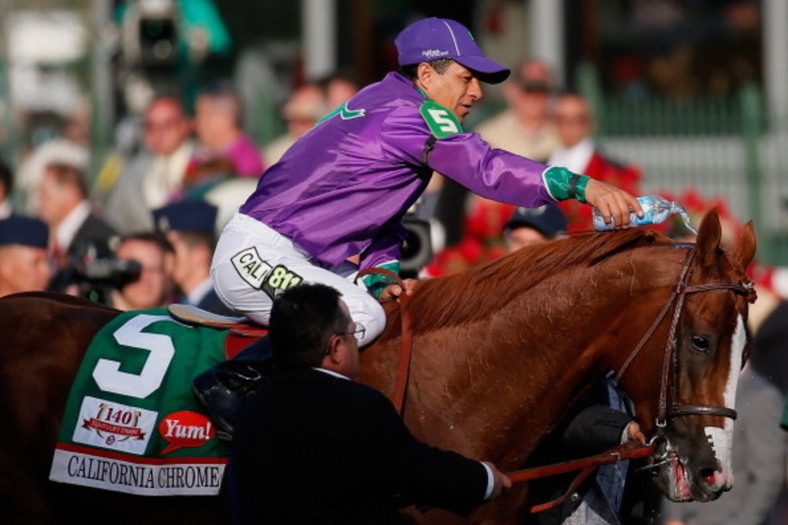 LOUISVILLE, KY - MAY 03:  Jockey Victor Espinoza cools down California Chrome #5 on the way to the winners circle after winning the 140th running of the Kentucky Derby at Churchill Downs on May 3, 2014 in Louisville, Kentucky.  (Photo by Kevin C. Cox/Gett