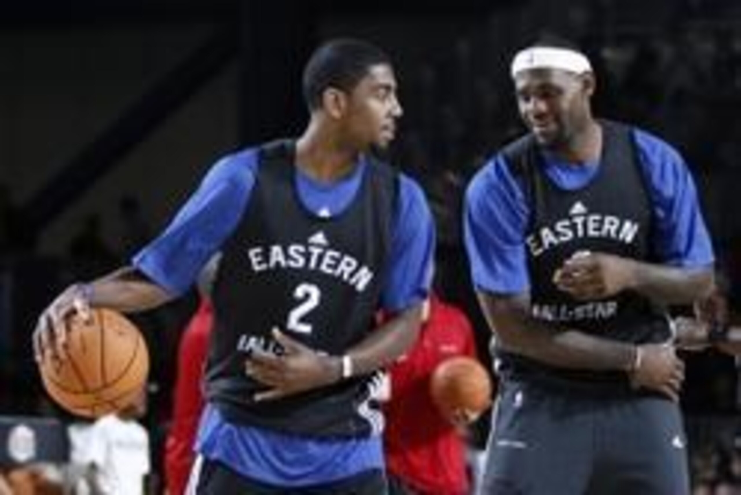 Feb 16, 2013; Houston, TX, USA; Eastern Conference forward LeBron James (6) of the Miami Heat tries to take the ball away from guard Kyrie Irving (2) of the Cleveland Cavaliers during practice for the 2013 NBA all star game at the George R. Brown Conventi