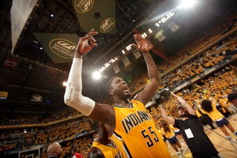 INDIANAPOLIS, IN - MAY 3: Roy Hibbert #55 of the Indiana Pacers celebrates after winning against the Atlanta Hawks in Game Seven of the Eastern Conference Quarterfinals of the 2014 NBA playoffs at Bankers Life Fieldhouse on May 3, 2014 in Indianapolis, In