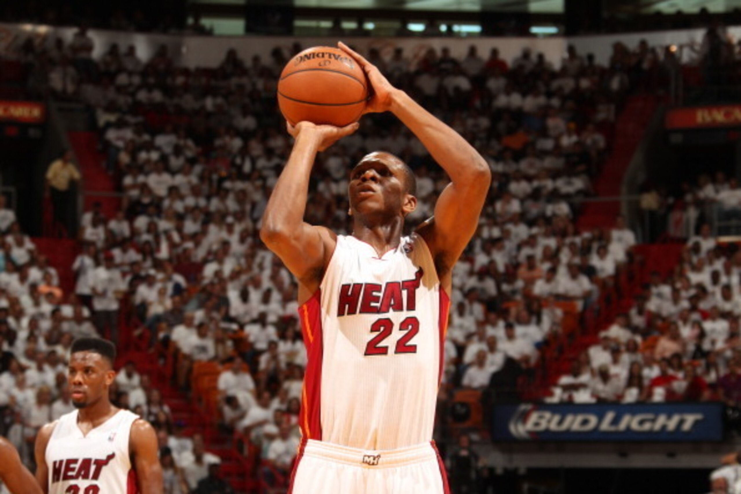 MIAMI, FL - April 20: James Jones #22 of the Miami Heat takes a free throw against the Charlotte Bobcats during Game One of the Eastern Conference Quarterfinals of the 2014 NBA playoffs at the American Airlines Arena in Miami, Florida on April 20, 2014. N