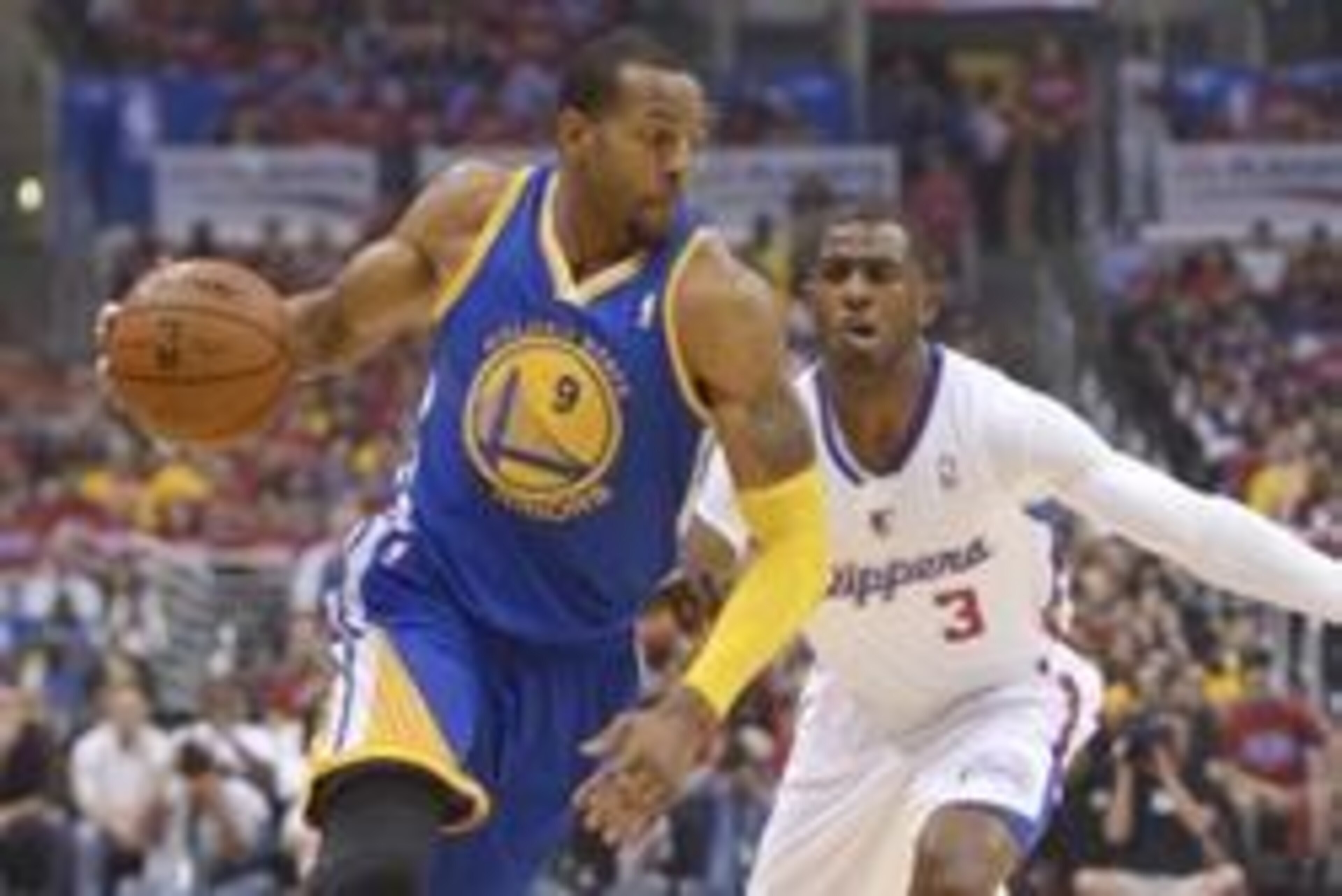 May 3, 2014; Los Angeles, CA, USA; Golden State Warriors forward Andre Iguodala (9) is defended by Los Angeles Clippers guard Chris Paul (3) in game seven of the first round of the 2014 NBA Playoffs at Staples Center. Mandatory Credit: Kirby Lee-USA TODAY