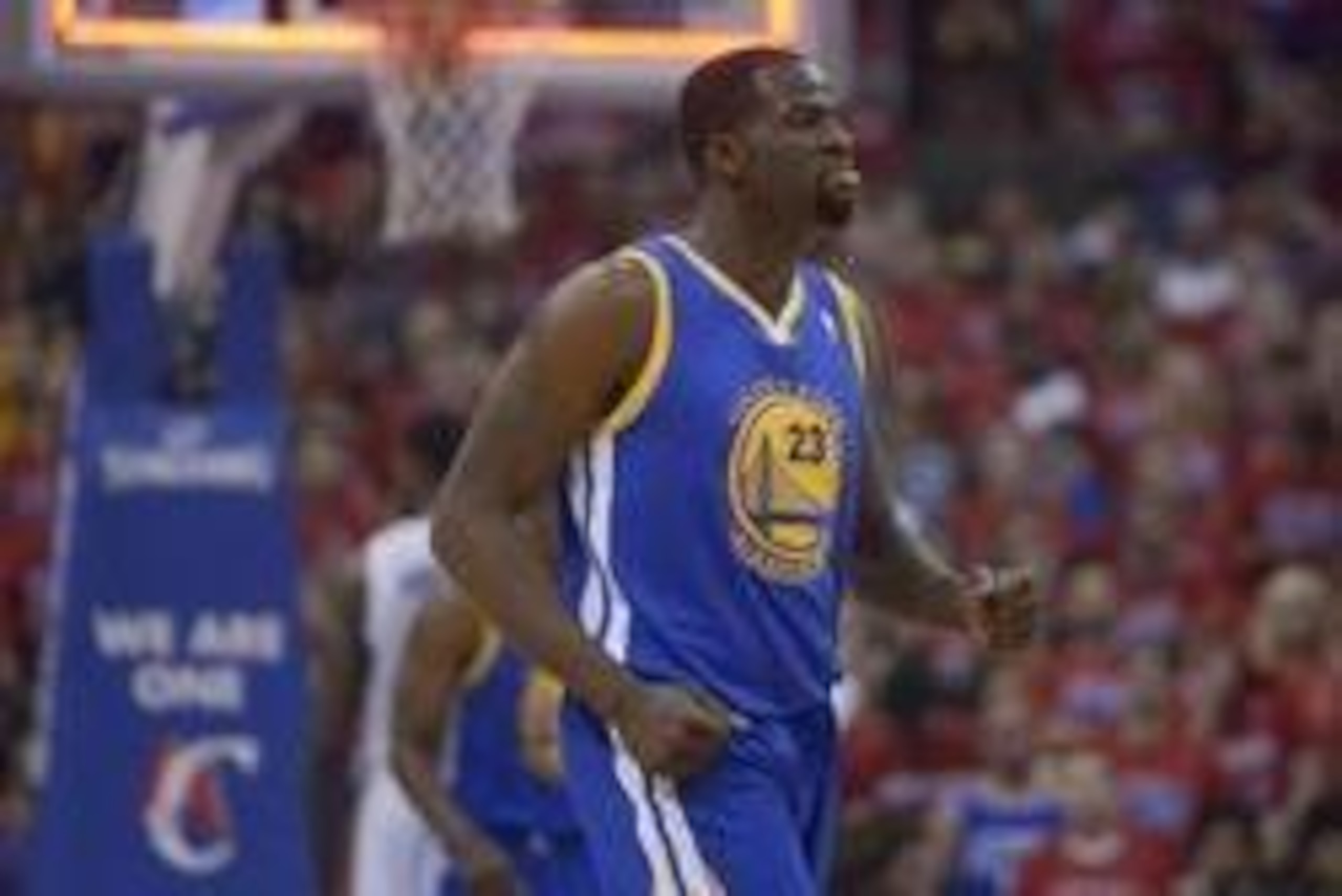 May 3, 2014; Los Angeles, CA, USA; Golden State Warriors forward Draymond Green (23) celebrates at the end of the first quarter against the Los Angeles Clippers in game seven of the first round of the 2014 NBA Playoffs at Staples Center. Mandatory Credit: