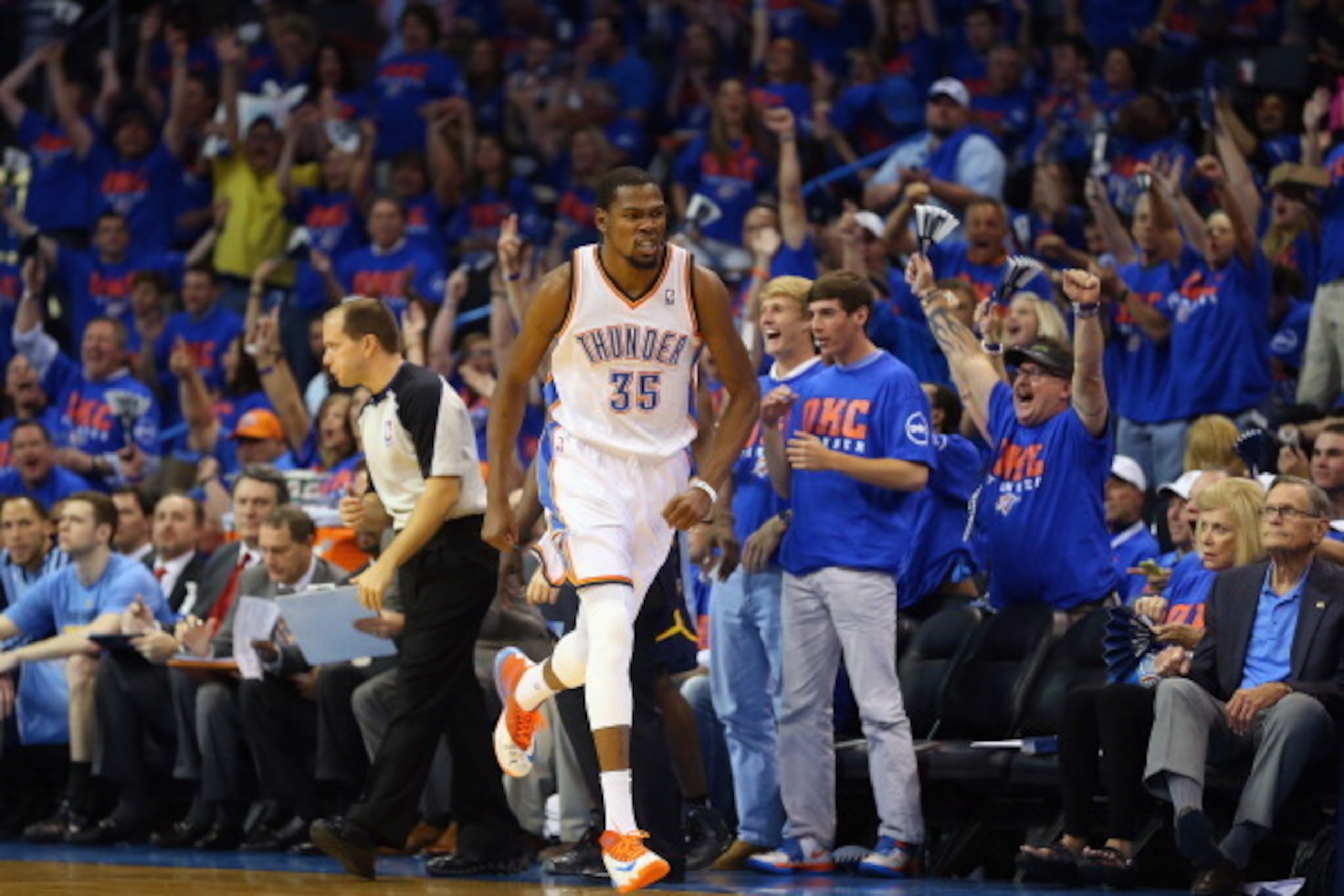 OKLAHOMA CITY, OK - MAY 03: Kevin Durant #35 of the Oklahoma City Thunder celebrates after making a three-point shot against the Memphis Grizzlies in Game Seven of the Western Conference Quarterfinals during the 2014 NBA Playoffs at Chesapeake Energy Are OKLAHOMA CITY, OK - MAY 03: Kevin Durant #35 of the Oklahoma City Thunder celebrates after making a three-point shot against the Memphis Grizzlies in Game Seven of the Western Conference Quarterfinals during the 2014 NBA Playoffs at Chesapeake Energy Are