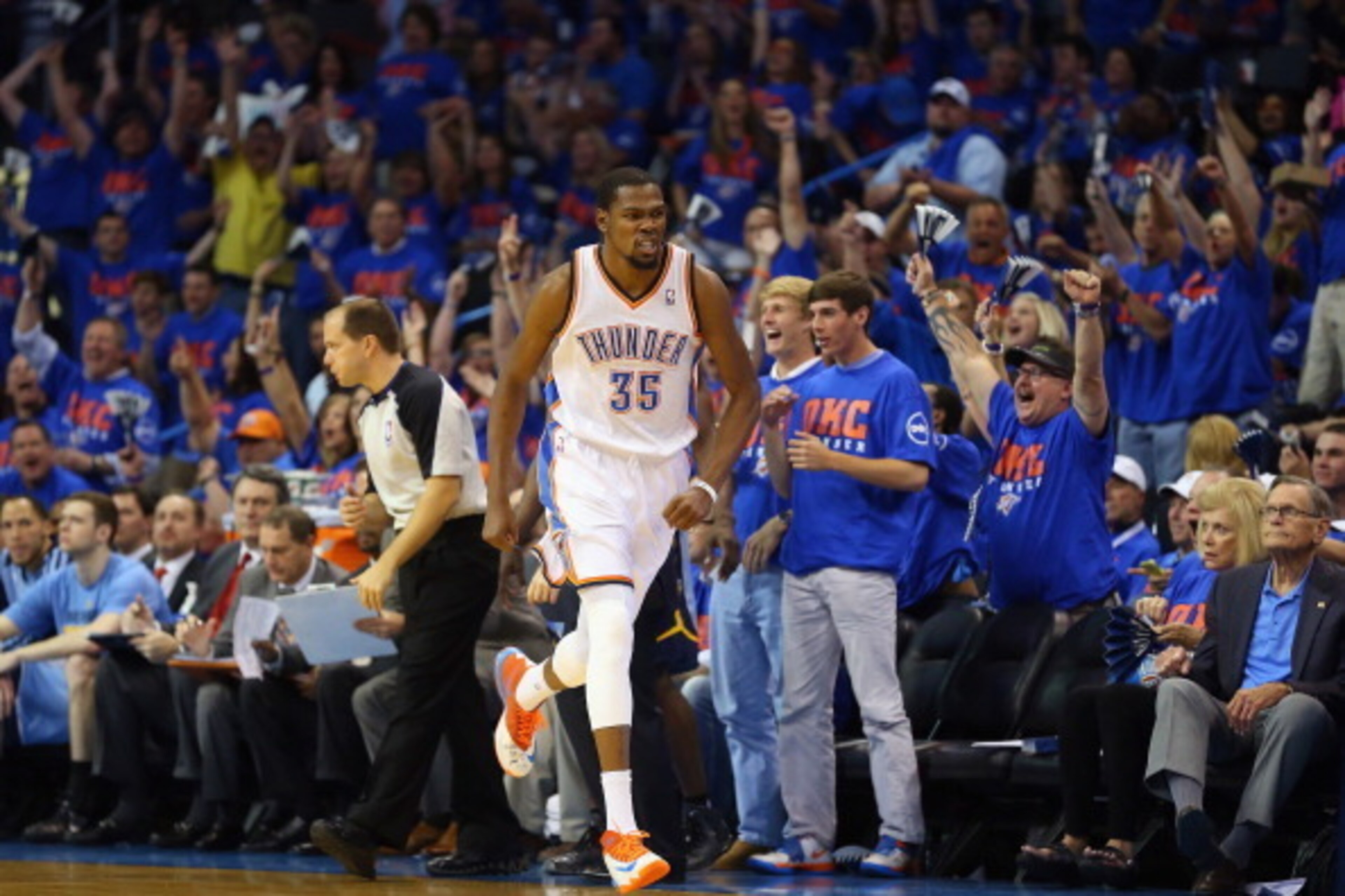 OKLAHOMA CITY, OK - MAY 03:  Kevin Durant #35 of the Oklahoma City Thunder celebrates after making a three-point shot against the Memphis Grizzlies in Game Seven of the Western Conference Quarterfinals during the 2014 NBA Playoffs at Chesapeake Energy Are