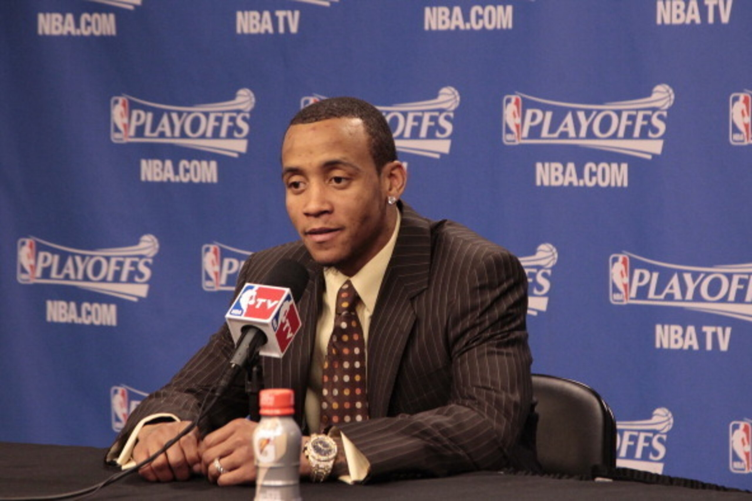DALLAS, TX - MAY 2: Monta Ellis #11 of the Dallas Mavericks speaks with the media after Game Six of the Western Conference Quarterfinals during the 2014 NBA Playoffs on May 2, 2014 at the American Airlines Center in Dallas, Texas. NOTE TO USER: User expre