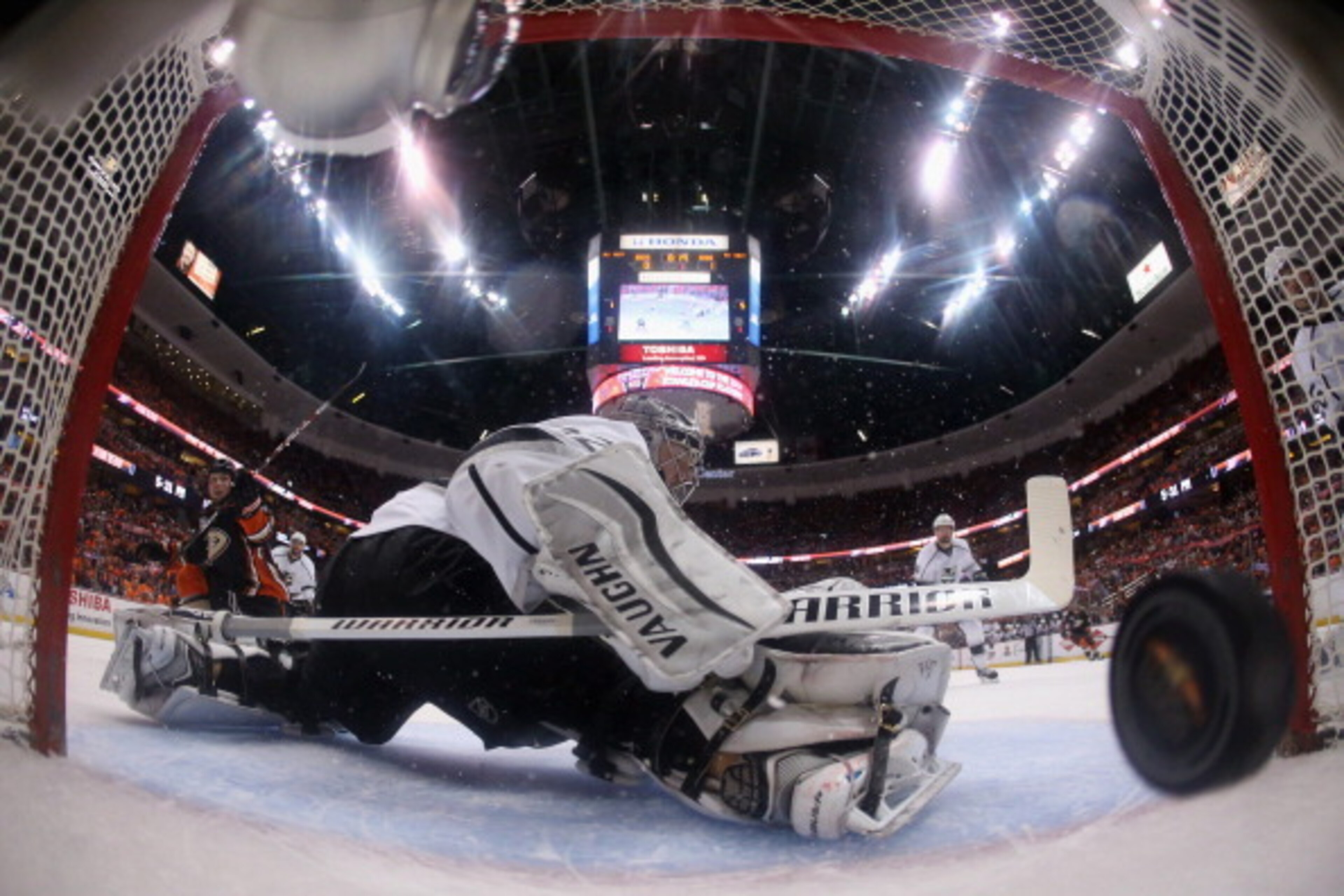ANAHEIM, CA - MAY 03:  Goaltender Jonathan Quick #32 of the Los Angeles Kings gives up a goal by Matt Beleskey #32 of the Anaheim Ducks in the first period of Game One of the Second Round of the 2014 NHL Stanley Cup Playoffs at Honda Center on May 3, 2014