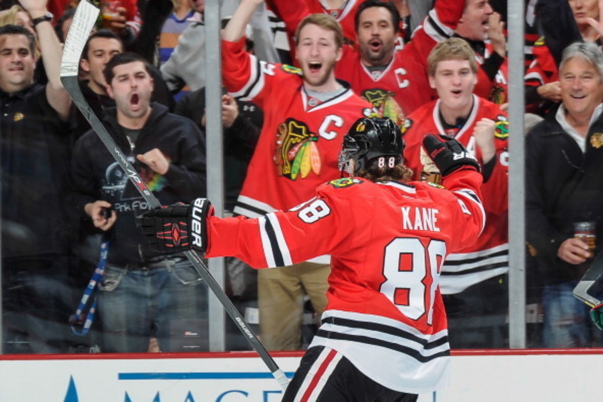 CHICAGO, IL - MAY 2: Patrick Kane #88 of the Chicago Blackhawks turns to the fans after scoring against the Minnesota Wild in the third period in Game One of the Second Round of the 2014 Stanley Cup Playoffs at the United Center on May 02, 2014 in Chicago