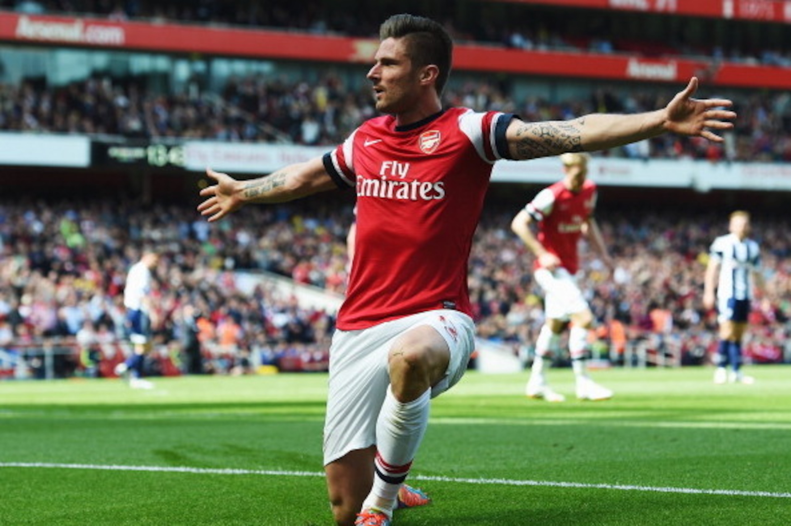 LONDON, ENGLAND - MAY 04:  Olivier Giroud of Arsenal after scoring during the Barclays Premier League match between Arsenal and West Bromwich Albion at the Emirates Stadium on May 4, 2014 in London, England.  (Photo by Shaun Botterill/Getty Images)