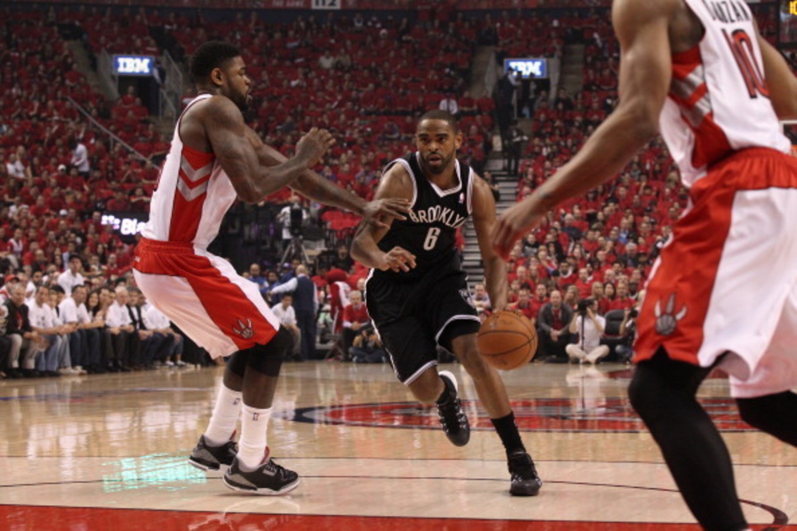 TORONTO,ON - MAY 4: Alan Anderson #6 of the Brooklyn Nets drives to the basket during Game seven of the Quarterfinal NBA Eastern Conference playoff game against the Toronto Raptors at the Air Canada Centre on May 4, 2014 in Toronto, Ontario, Canada. NOTE 