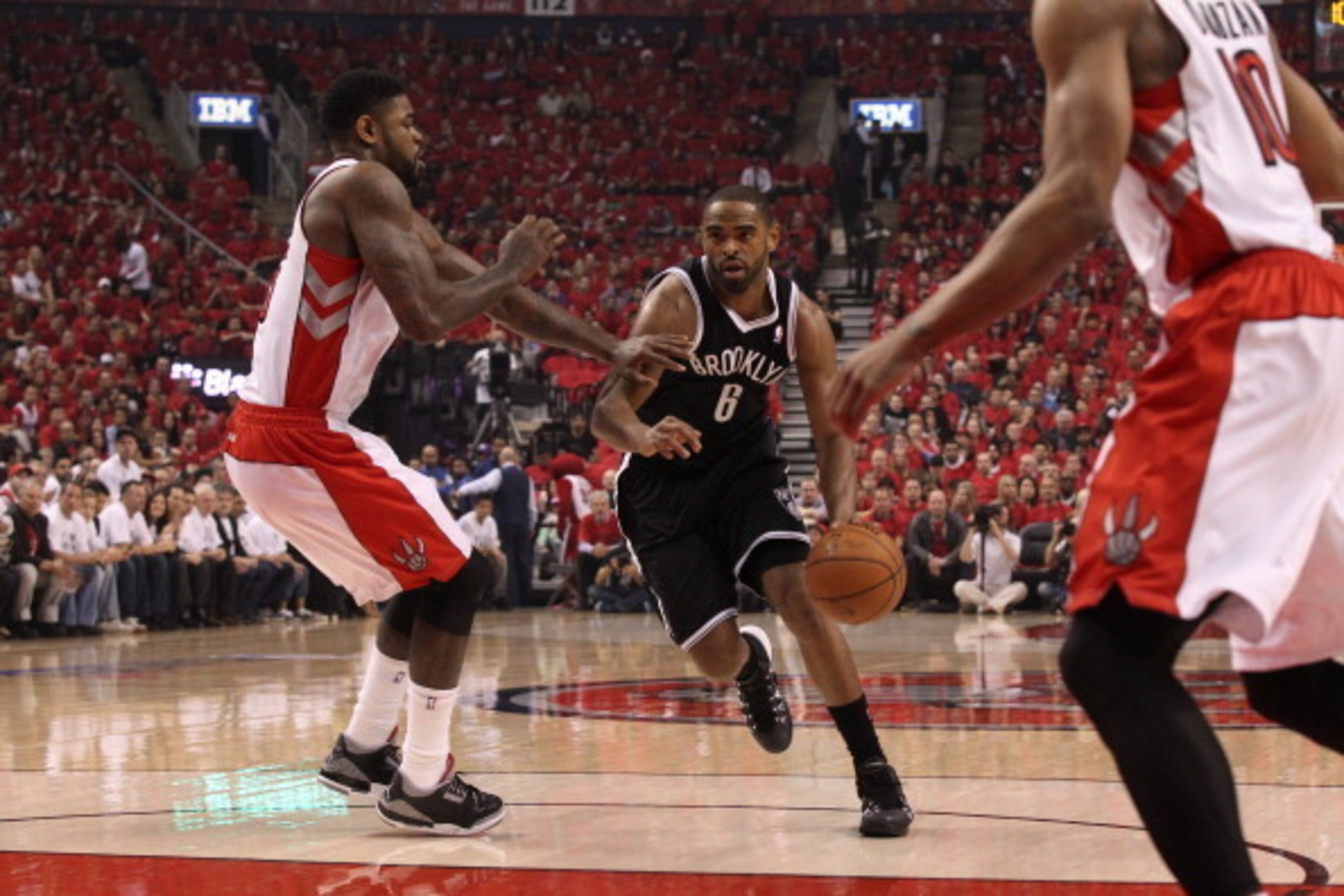 TORONTO,ON - MAY 4: Alan Anderson #6 of the Brooklyn Nets drives to the basket during Game seven of the Quarterfinal NBA Eastern Conference playoff game against the Toronto Raptors at the Air Canada Centre on May 4, 2014 in Toronto, Ontario, Canada. NOTE 