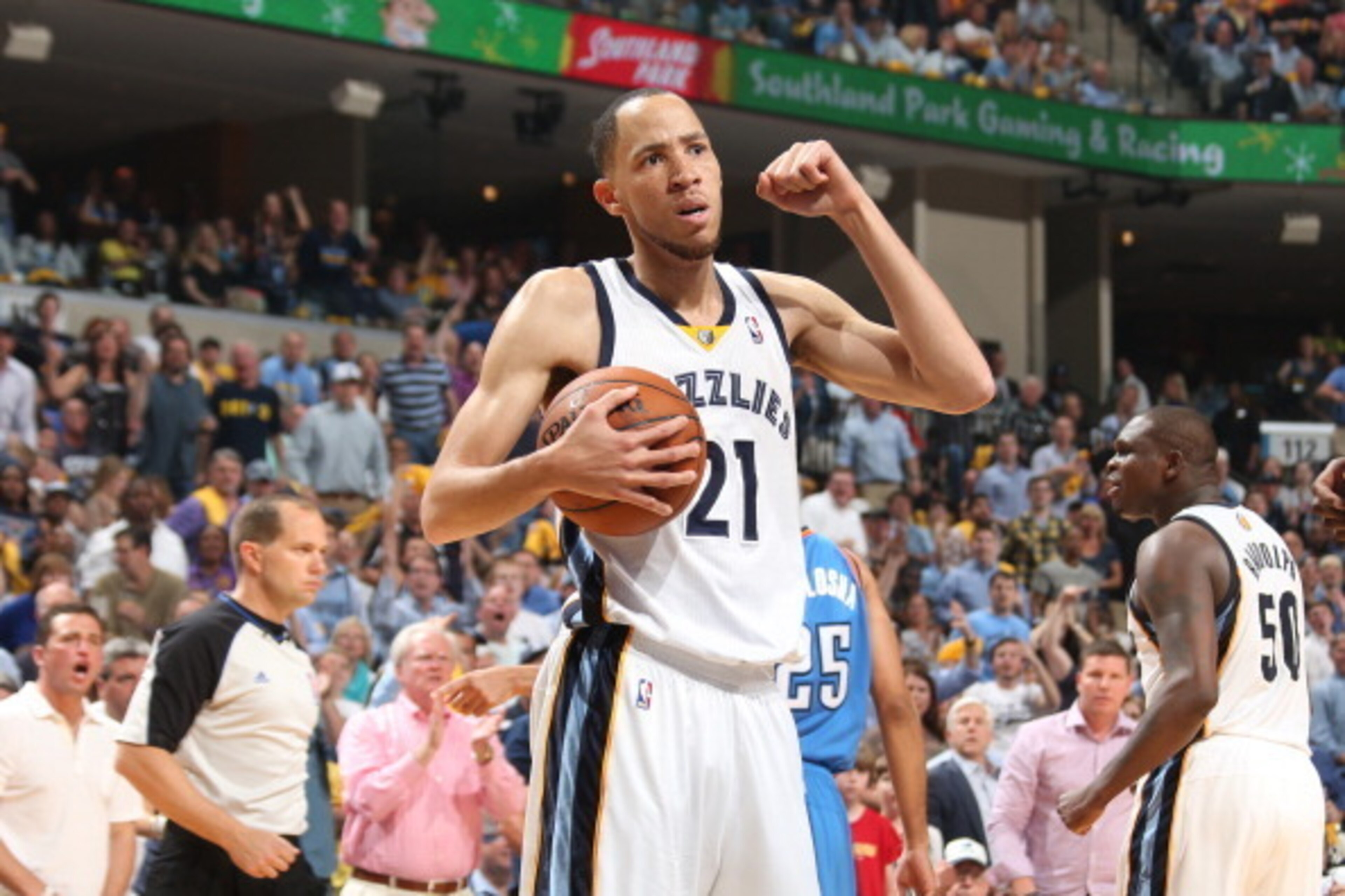 MEMPHIS, TN - APRIL 24: Tayshaun Prince #21 of the Memphis Grizzlies celebrates against the Oklahoma City Thunder in Game Three of the Western Conference Quarterfinals during the 2014 NBA Playoffs on April 24, 2014 at FedExForum in Memphis, Tennessee. NOT MEMPHIS, TN - APRIL 24: Tayshaun Prince #21 of the Memphis Grizzlies celebrates against the Oklahoma City Thunder in Game Three of the Western Conference Quarterfinals during the 2014 NBA Playoffs on April 24, 2014 at FedExForum in Memphis, Tennessee. NOT