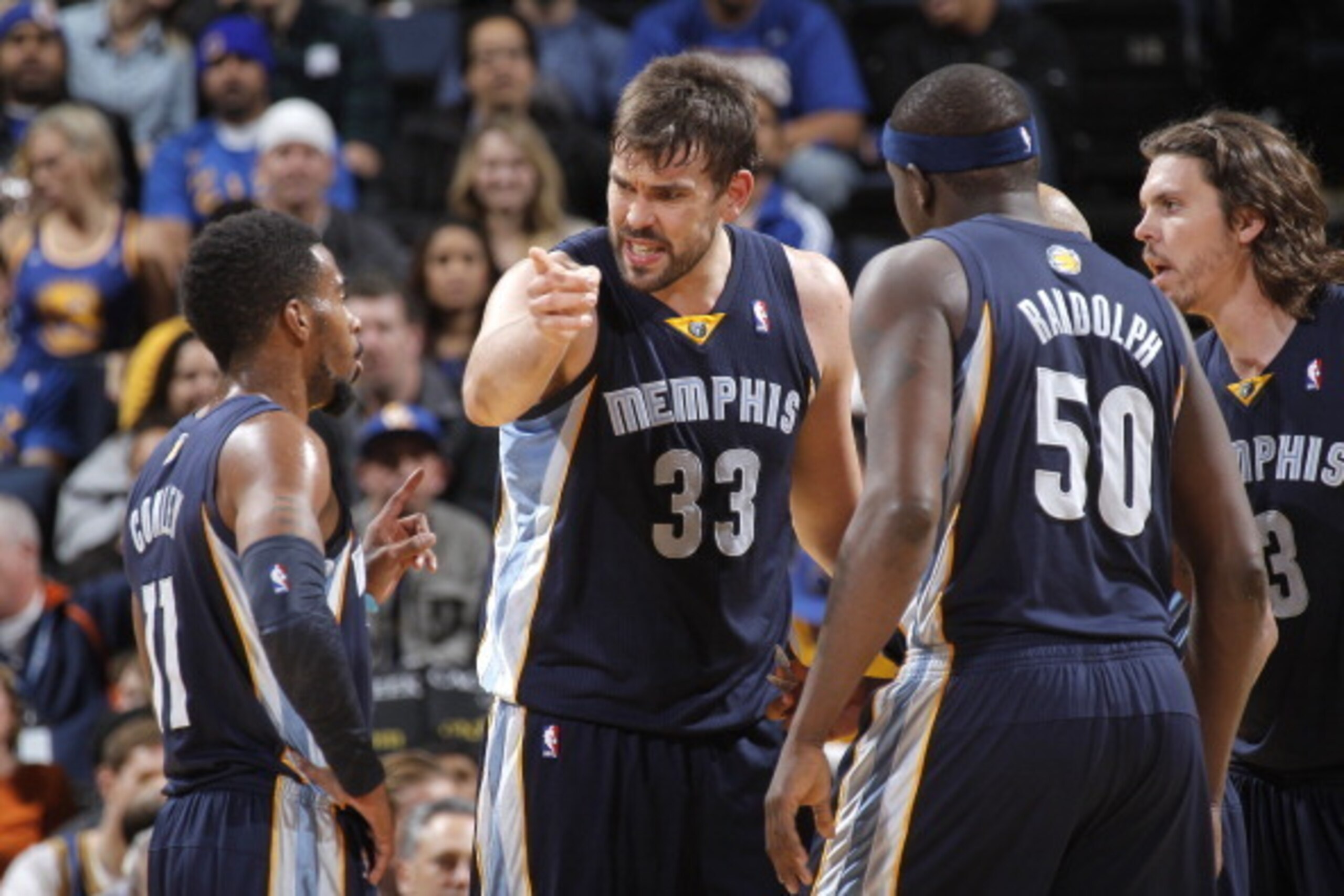 OAKLAND, CA - NOVEMBER 20: Marc Gasol #33, Mike Conley #11, and Zach Randolph #50 of the Memphis Grizzlies talk in a game against the Golden State Warriors on November 20, 2013 at Oracle Arena in Oakland, California. NOTE TO USER: User expressly acknowled