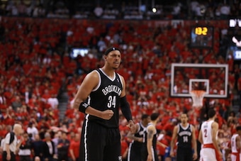 TORONTO,ON - MAY 4: Paul Pierce #34 of the Brooklyn Nets celebrates during Game seven of the Quarterfinal NBA Eastern Conference playoff game against the Toronto Raptors at the Air Canada Centre on May 4, 2014 in Toronto, Ontario, Canada. NOTE TO USER: Us