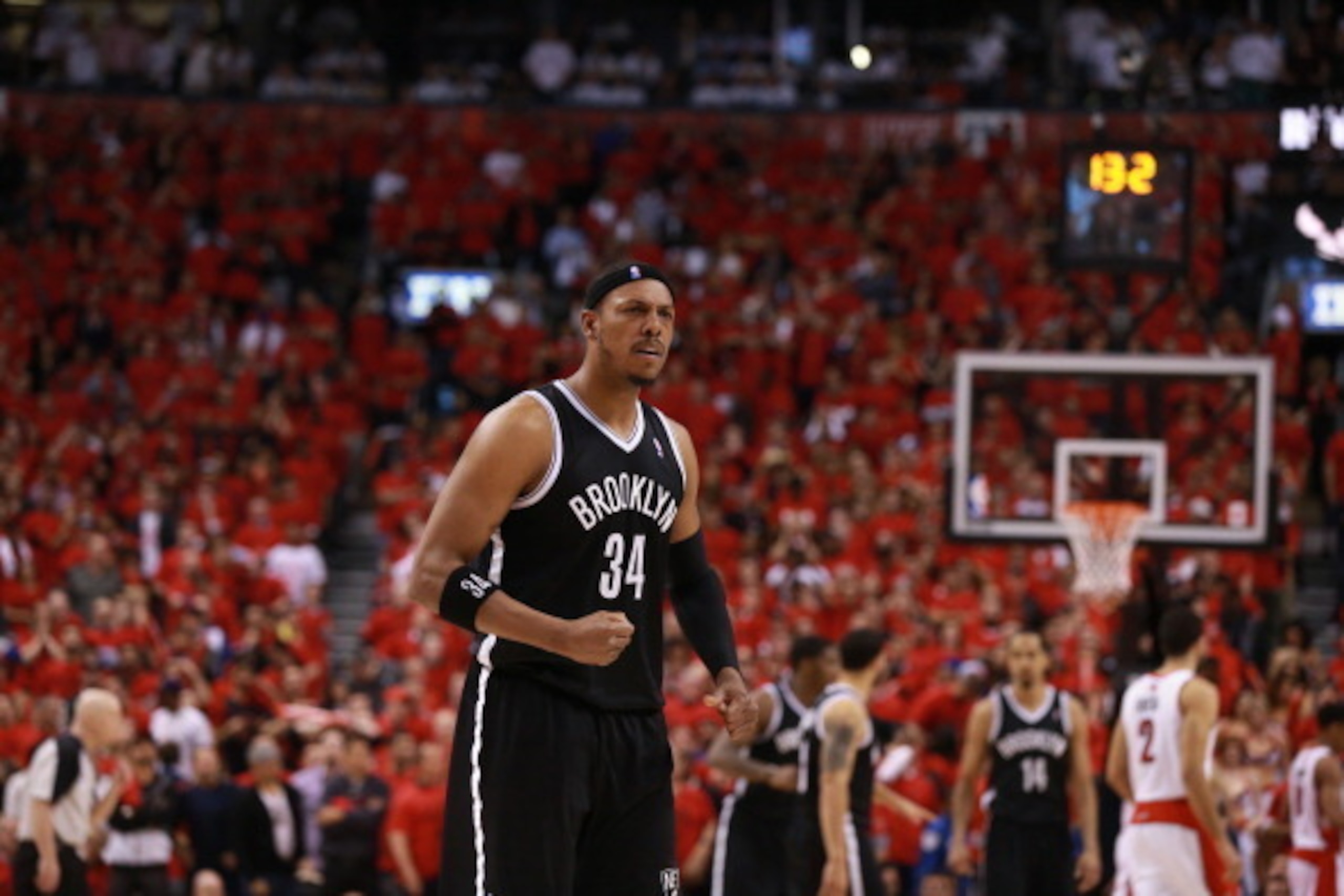 TORONTO,ON - MAY 4: Paul Pierce #34 of the Brooklyn Nets celebrates during Game seven of the Quarterfinal NBA Eastern Conference playoff game against the Toronto Raptors at the Air Canada Centre on May 4, 2014 in Toronto, Ontario, Canada. NOTE TO USER: Us