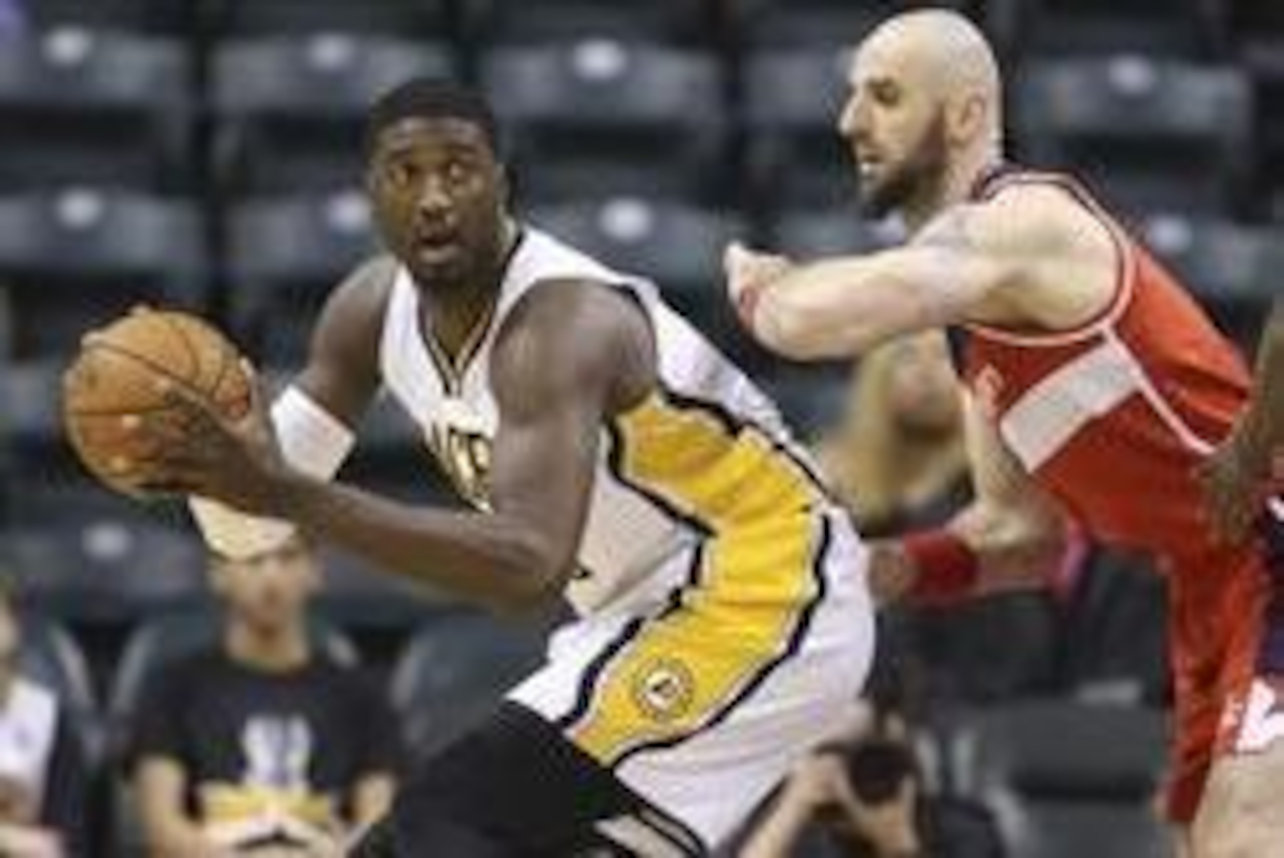 Jan 10, 2014; Indianapolis, IN, USA; Indiana Pacers center Roy Hibbert (55) is guarded by Washington Wizards center Marcin Gortat (4) at Bankers Life Fieldhouse. Mandatory Credit: Brian Spurlock-USA TODAY Sports