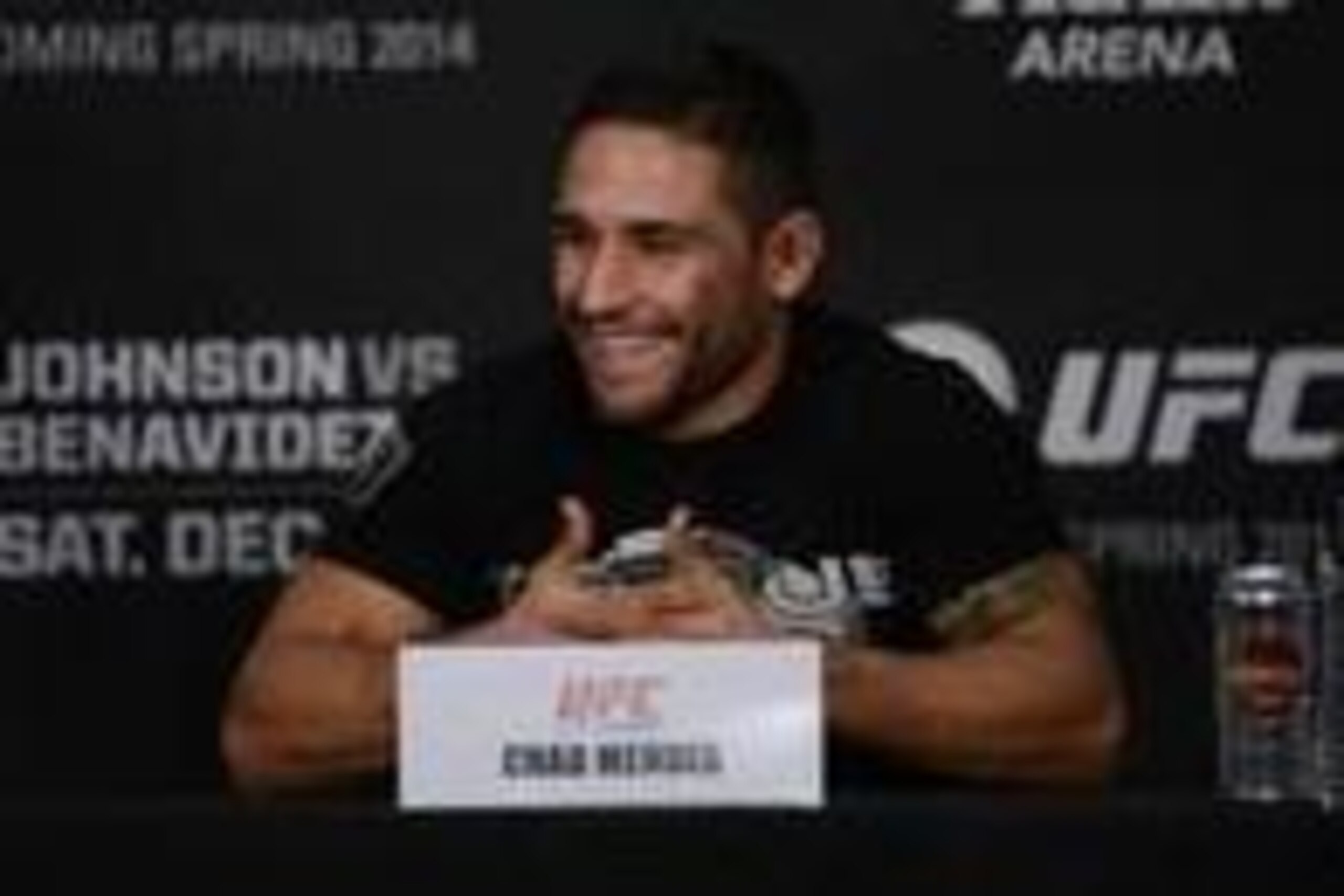 December 14, 2013; Sacramento, CA, USA; Chad Mendes addresses the media during the press conference after UFC on FOX 9 at Sleep Train Arena. Mandatory Credit: Kyle Terada-USA TODAY Sports