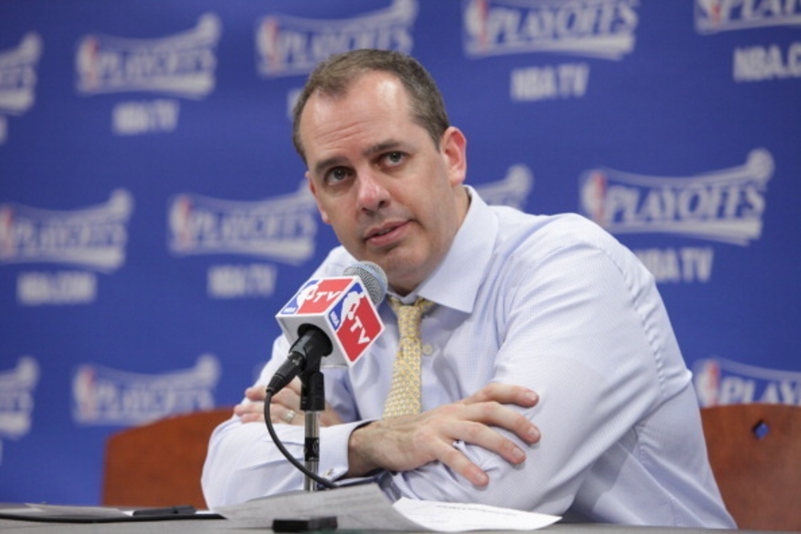 INDIANAPOLIS, IN - MAY 3: Frank Vogel Head Coach of the Indiana Pacers speaks to the media after a game against the Atlanta Hawks in Game Seven of the Eastern Conference Quarterfinals of the 2014 NBA playoffs at Bankers Life Fieldhouse on May 3, 2014 in I