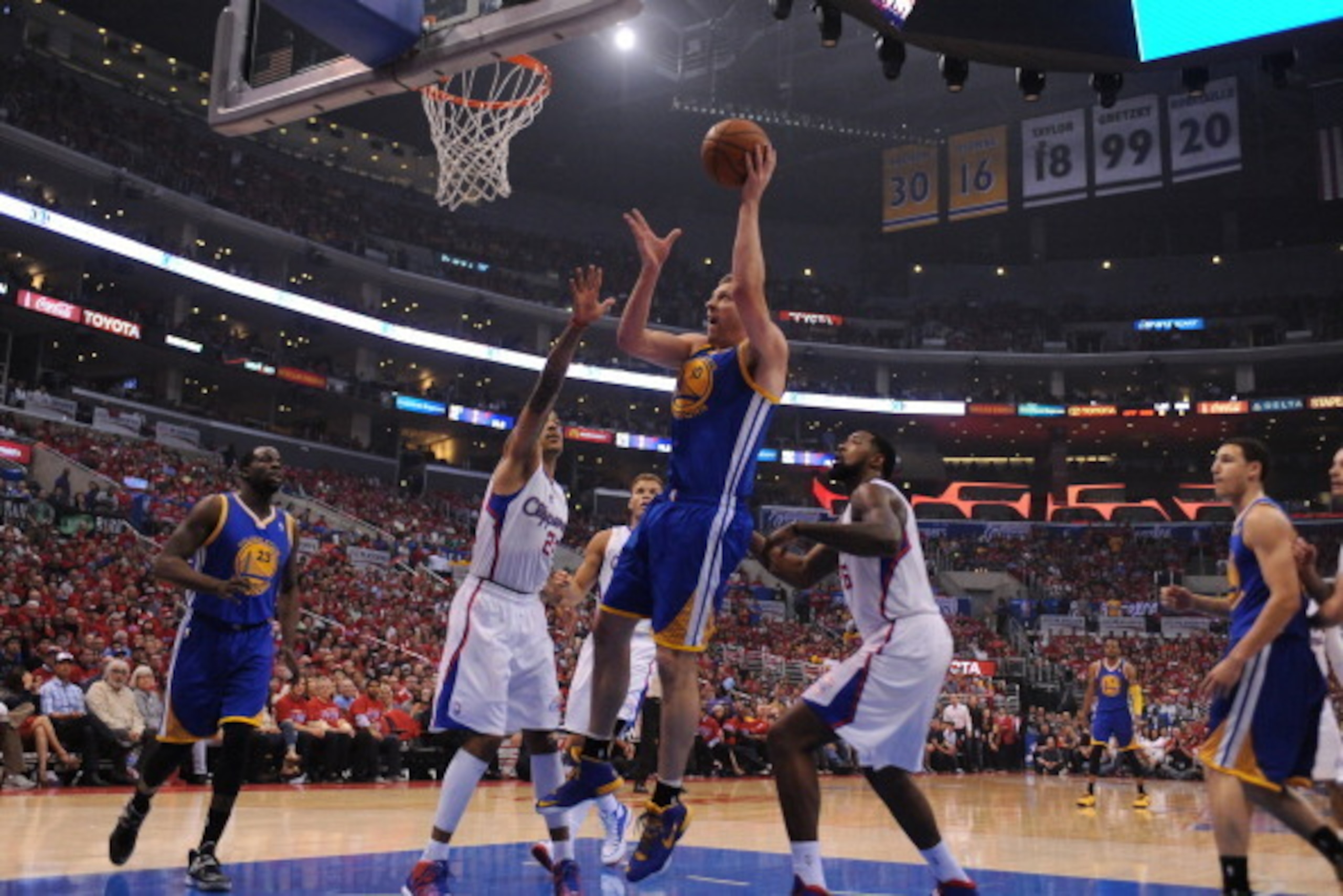 LOS ANGELES, CA - MAY 3: David Lee #10 of the Golden State Warriors shoots against the Los Angeles Clippers in Game Seven of the Western Conference Quarterfinals during the 2014 NBA Playoffs at Staples Center on May 3, 2014 in Los Angeles, California. NOT