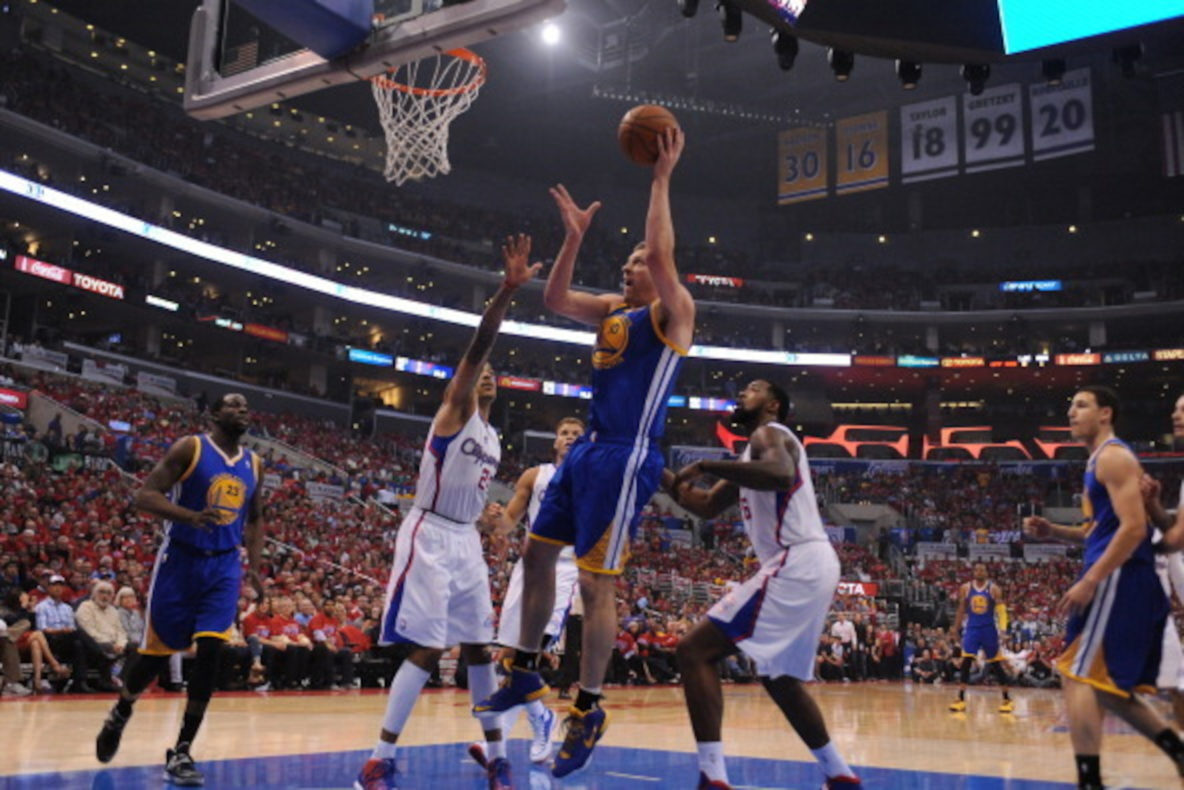 LOS ANGELES, CA - MAY 3: David Lee #10 of the Golden State Warriors shoots against the Los Angeles Clippers in Game Seven of the Western Conference Quarterfinals during the 2014 NBA Playoffs at Staples Center on May 3, 2014 in Los Angeles, California. NOT