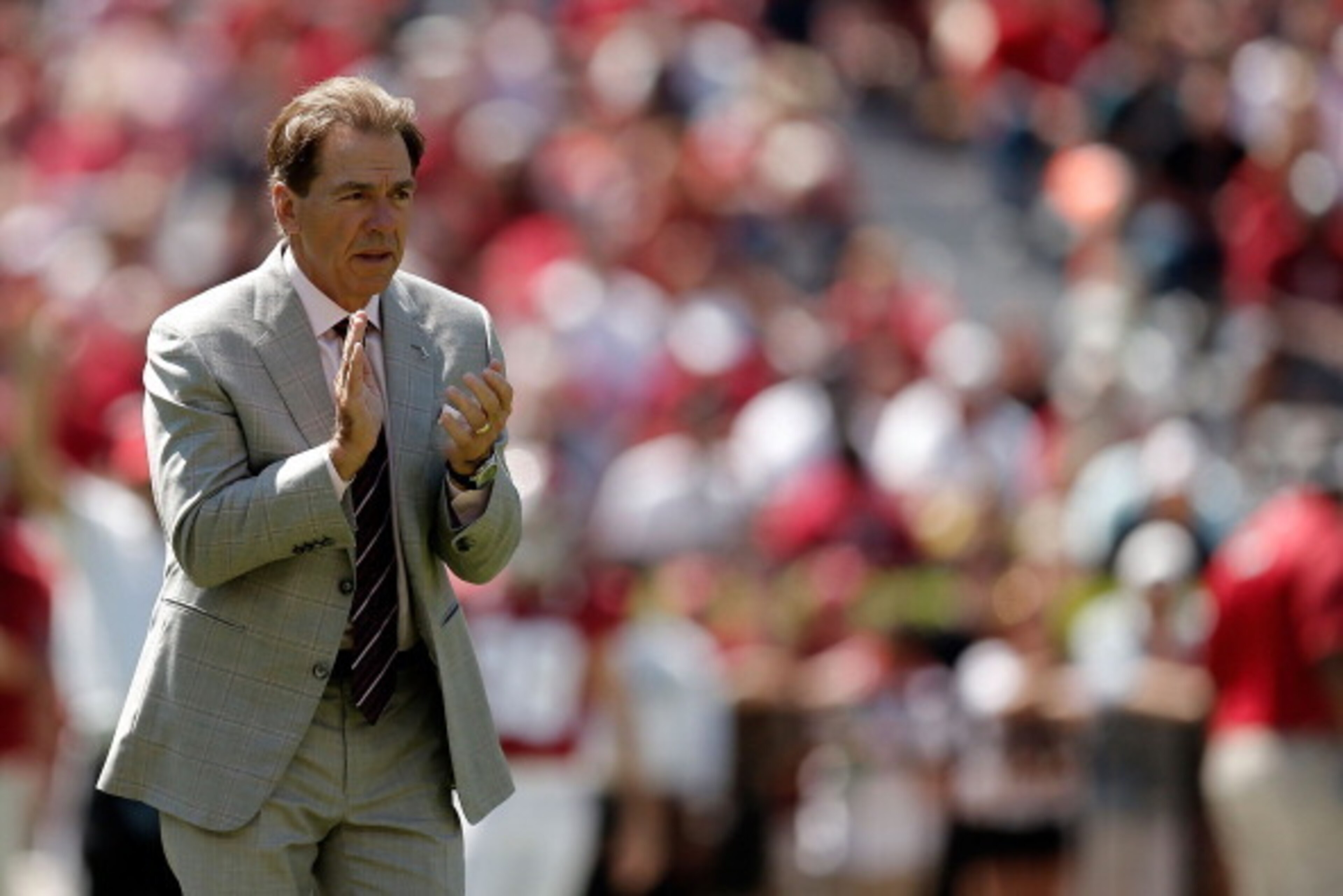 TUSCALOOSA, AL - APRIL 19:  Head coach Nick Saban of the Alabama Crimson Tide watches action during the Alabama A-Day spring game at Bryant-Denny Stadium on April 19, 2014 in Tuscaloosa, Alabama.  (Photo by Stacy Revere/Getty Images)