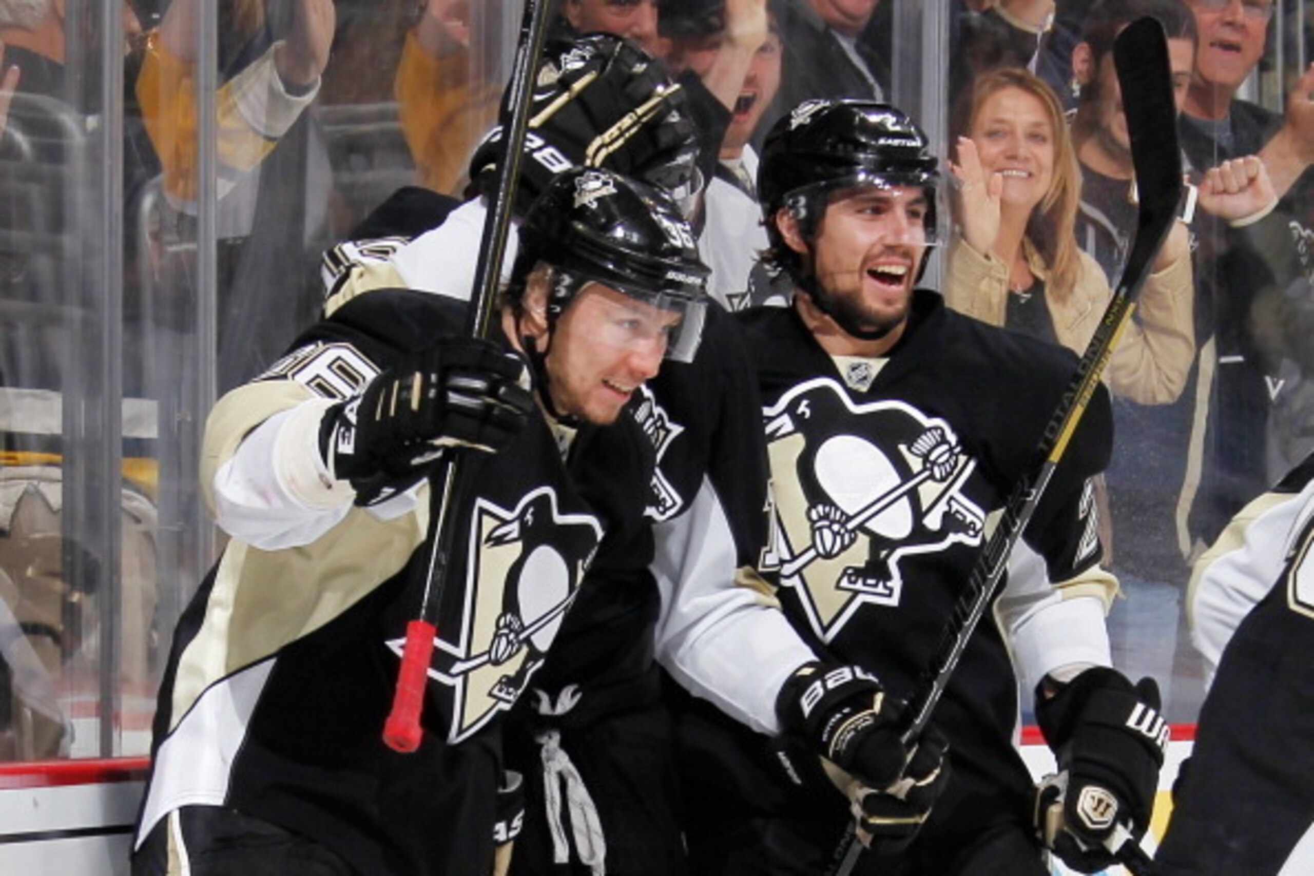 PITTSBURGH, PA - MAY 4:  Jussi Jokinen #36 celebrates his goal with Matt Niskanen #2 of the Pittsburgh Penguins during the third period against the New York Rangers in Game Two of the Second Round of the 2014 Stanley Cup Playoffs at Consol Energy Center o