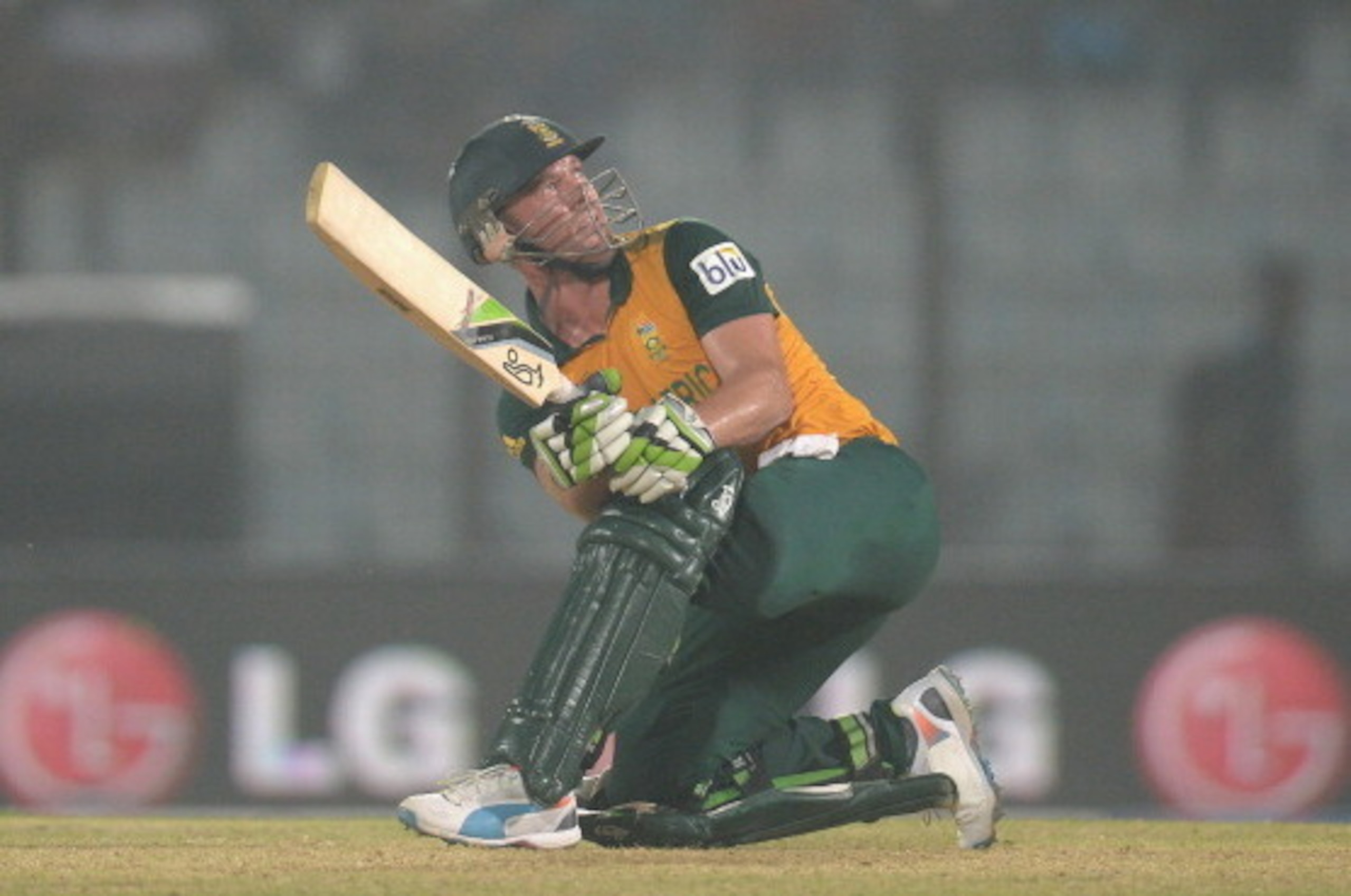 CHITTAGONG, BANGLADESH - MARCH 29:  AB de Villiers of South Africa hits out for six runs during the ICC World Twenty20 Bangladesh 2014 Group 1 match between England and South Africa at Zahur Ahmed Chowdhury Stadium on March 29, 2014 in Chittagong, Banglad