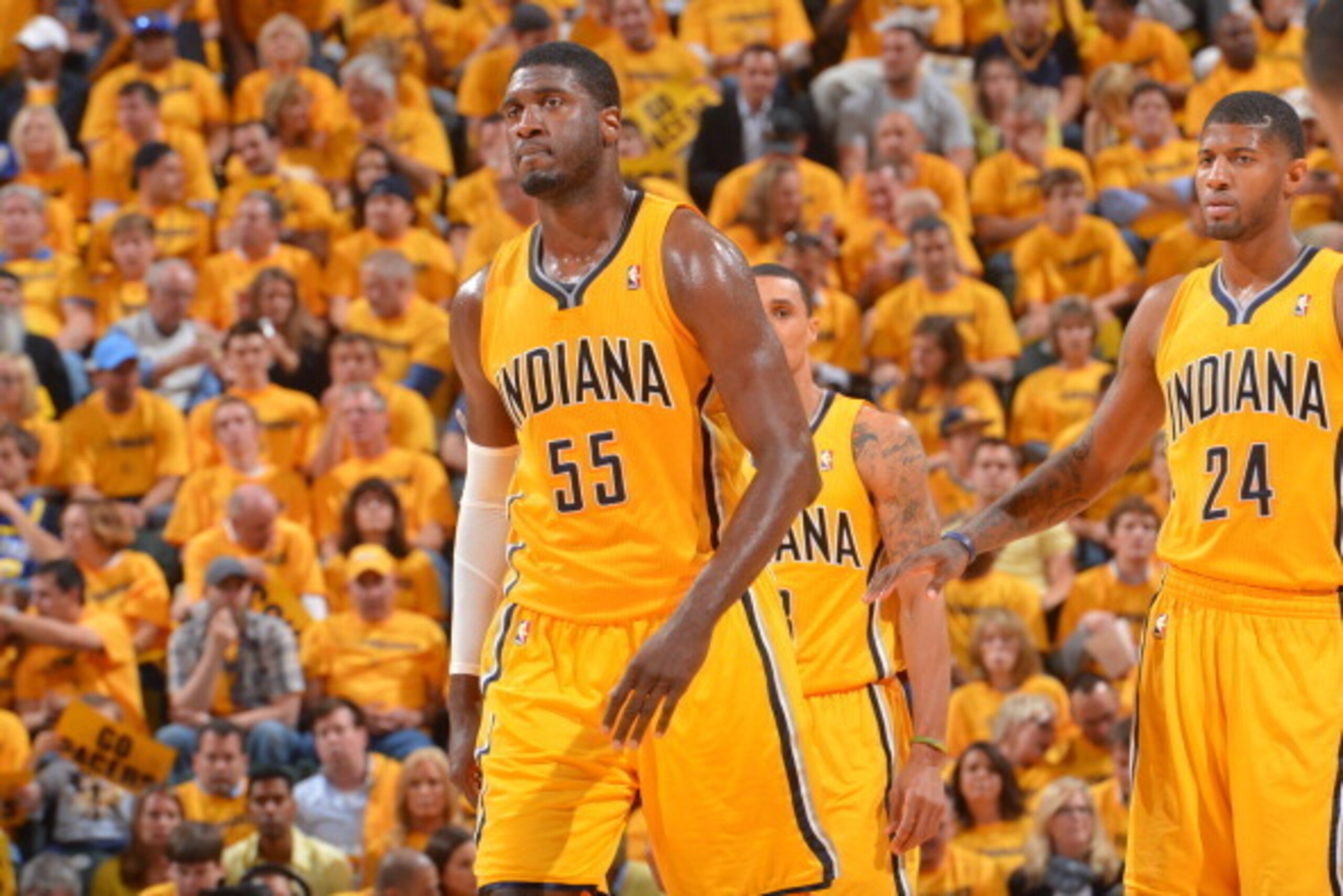 INDIANAPOLIS, IN - MAY 03: Roy Hibbert #55 and Paul George #24 of the Indiana Pacers on the court during game Seven of the Eastern Conference Playoffs against the Atlanta Hawks at the Bankers Life Fieldhouse on May 3, 2014 in Indianapolis, Indiana. NOTE T