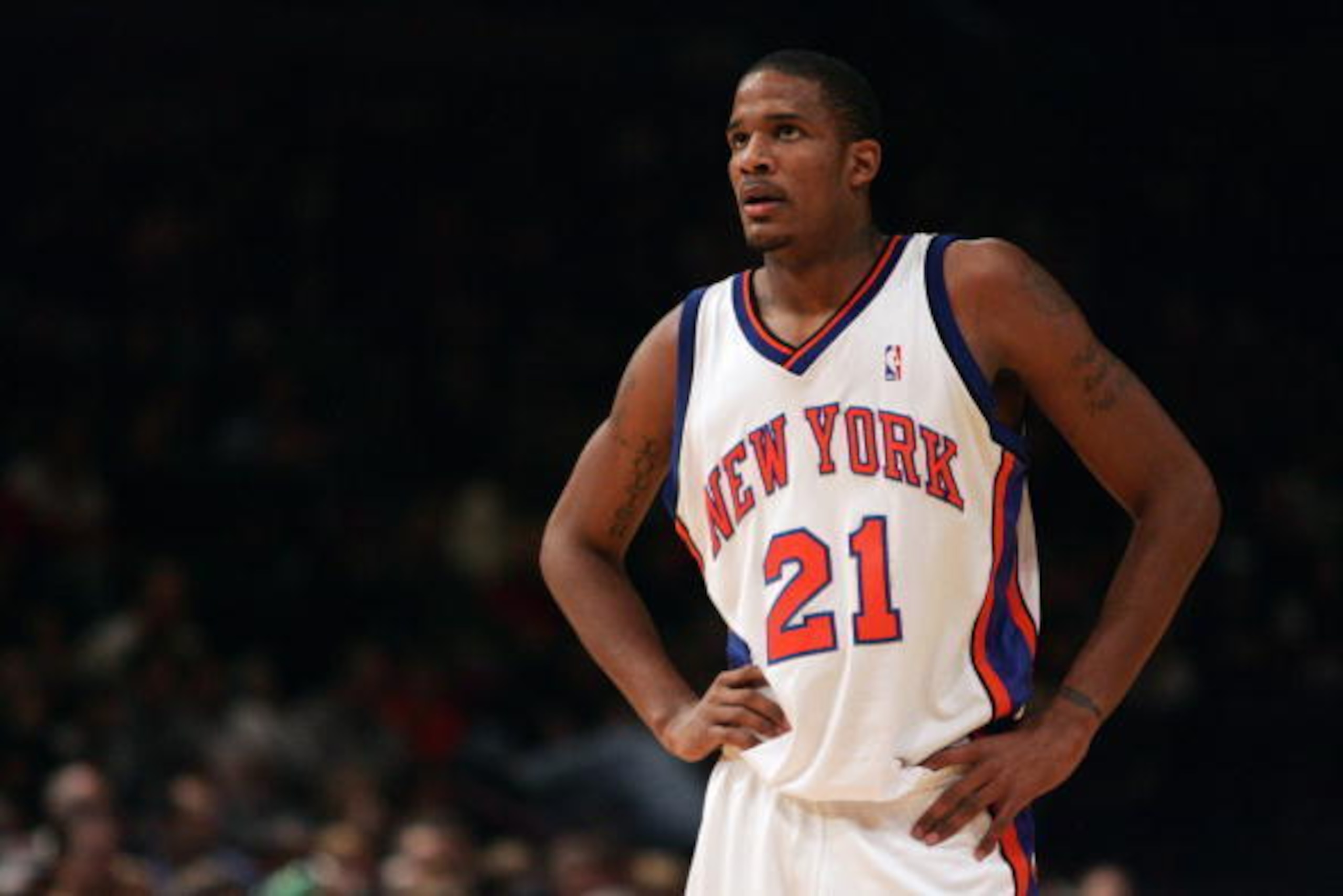 NEW YORK - NOVEMBER 26:  Trevor Ariza #21 of the New York Knicks looks on during a game against the Philadelphia 76ers at Madison Square Garden on November 26, 2005 in New York, New York.  The Knicks won 105-102.  NOTE TO USER: User expressly acknowledges