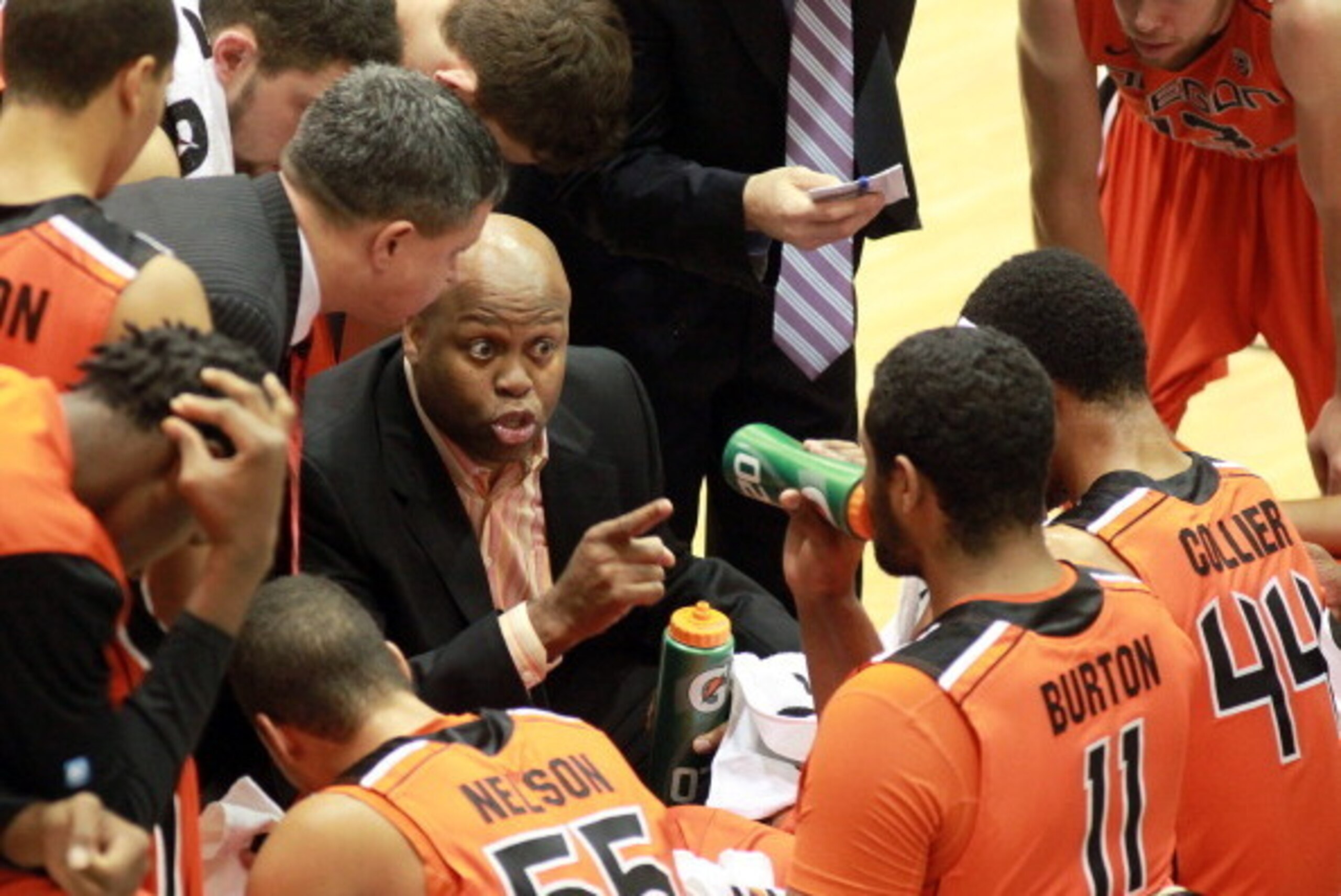 BALTIMORE, MD - NOVEMBER 26:  Head Coach Craig Robinson of the Oregon State Beavers speaks to his team during their game against the Towson Tigers at the Towson Center on November 26, 2011 in Baltimore, Maryland. The first lady's brother, Craig Robinson, 