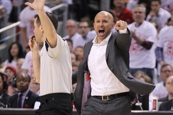 TORONTO, ON - APRIL 19:  Head coach Jason Kidd of the Brooklyn Nets reacts on a call in play against the Toronto Raptors in Game One of the NBA Eastern Conference play-off at the Air Canada Centre on April 19, 2014 in Toronto, Ontario, Canada. The Nets de
