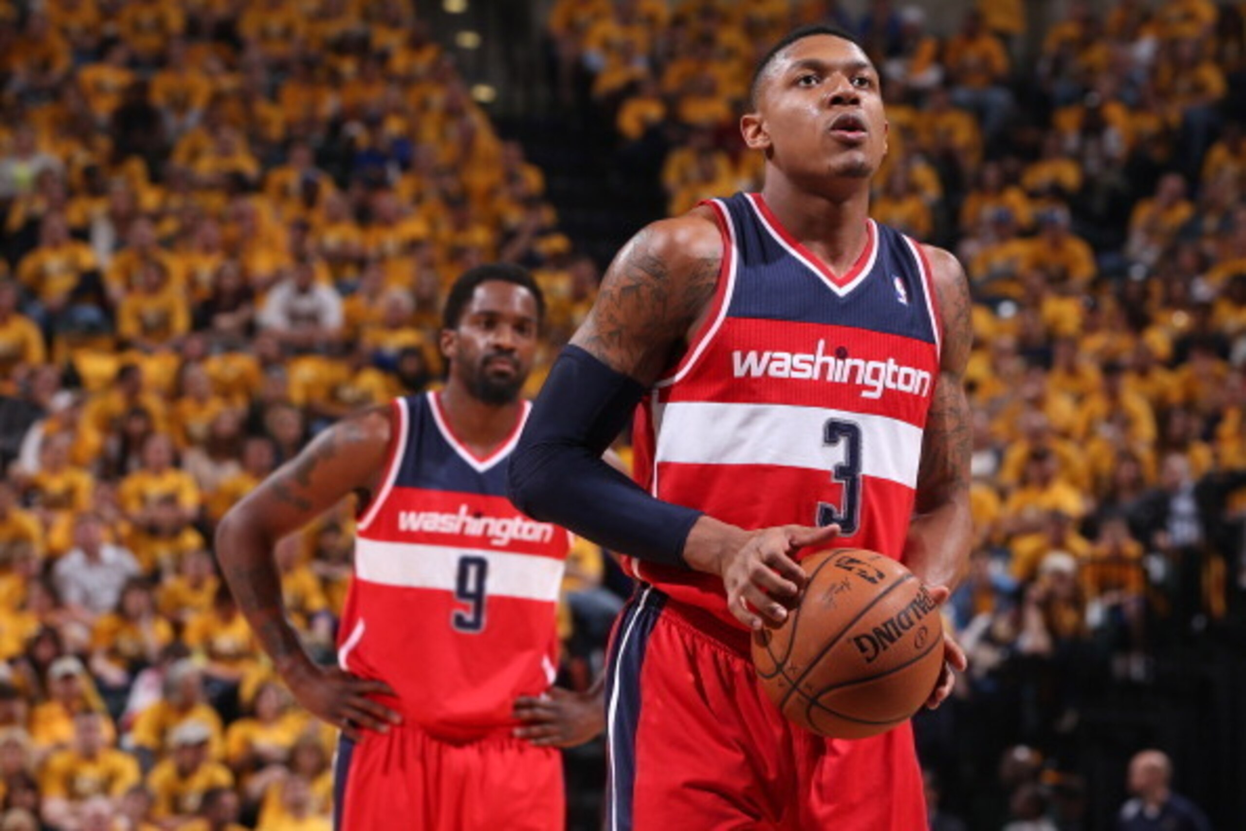 INDIANA MAY 5: Bradley Beal #3 of the Washington Wizards shoots a foul shot against the Indiana Pacers during Game One of the Eastern Conference Semifinals on May 5, 2014 at Bankers Life Fieldhouse in Indianapolis, Indiana. NOTE TO USER: User expressly ac INDIANA MAY 5: Bradley Beal #3 of the Washington Wizards shoots a foul shot against the Indiana Pacers during Game One of the Eastern Conference Semifinals on May 5, 2014 at Bankers Life Fieldhouse in Indianapolis, Indiana. NOTE TO USER: User expressly ac