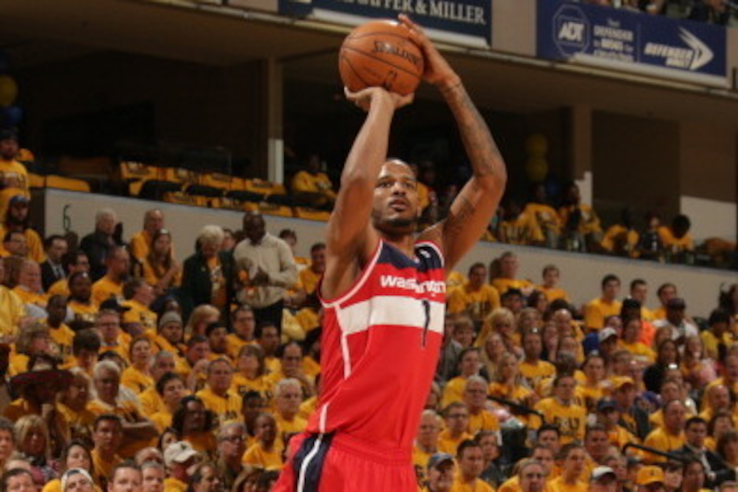 INDIANAPOLIS - MAY 5: Trevor Ariza #1 of the Washington Wizards shoots against the Indiana Pacers in Game One of the Eastern Conference Semi-Finals during the 2014 NBA Playoffs at Bankers Life Fieldhouse on May 5, 2014 in Indianapolis, Indiana.  NOTE TO U