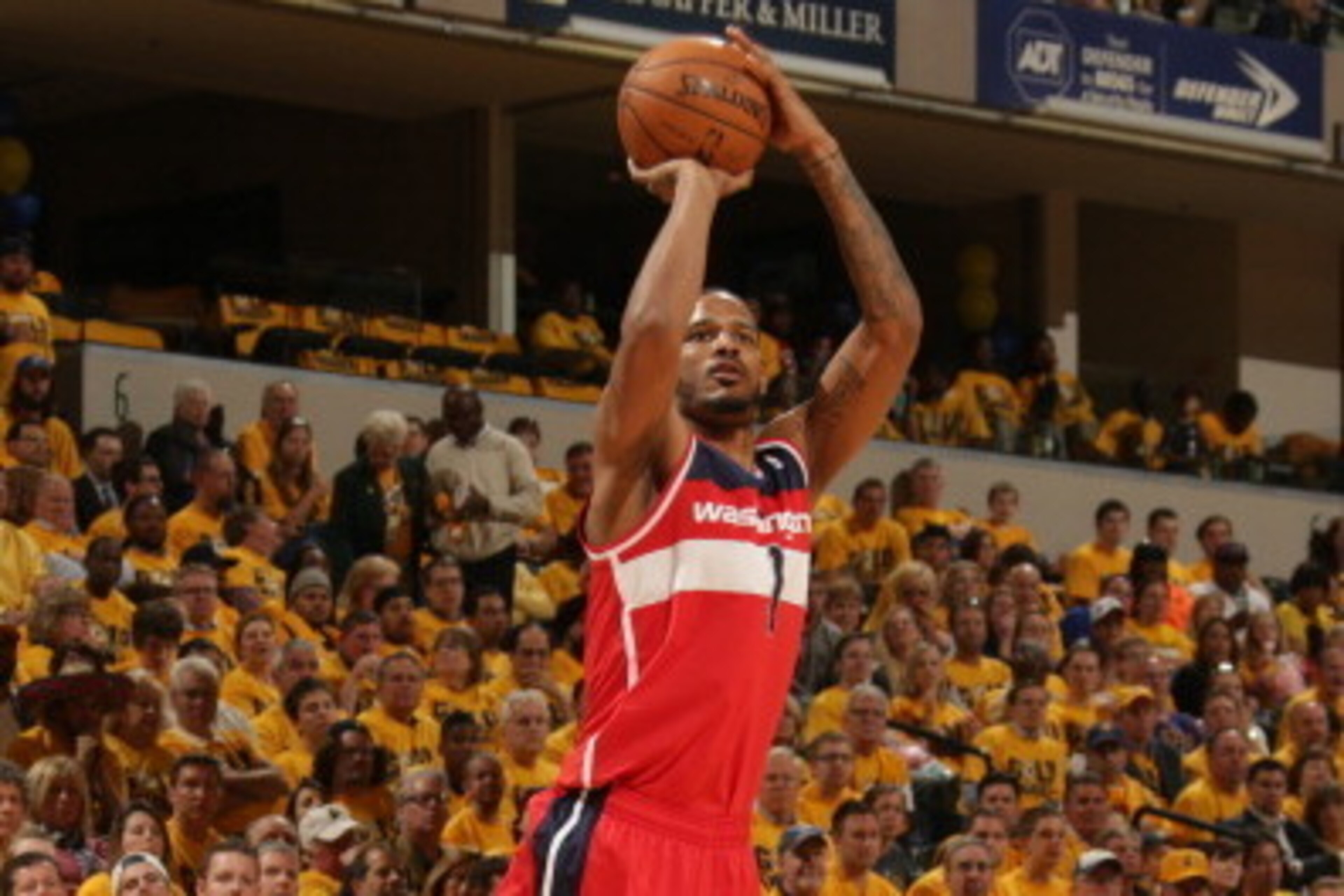 INDIANAPOLIS - MAY 5: Trevor Ariza #1 of the Washington Wizards shoots against the Indiana Pacers in Game One of the Eastern Conference Semi-Finals during the 2014 NBA Playoffs at Bankers Life Fieldhouse on May 5, 2014 in Indianapolis, Indiana.  NOTE TO U