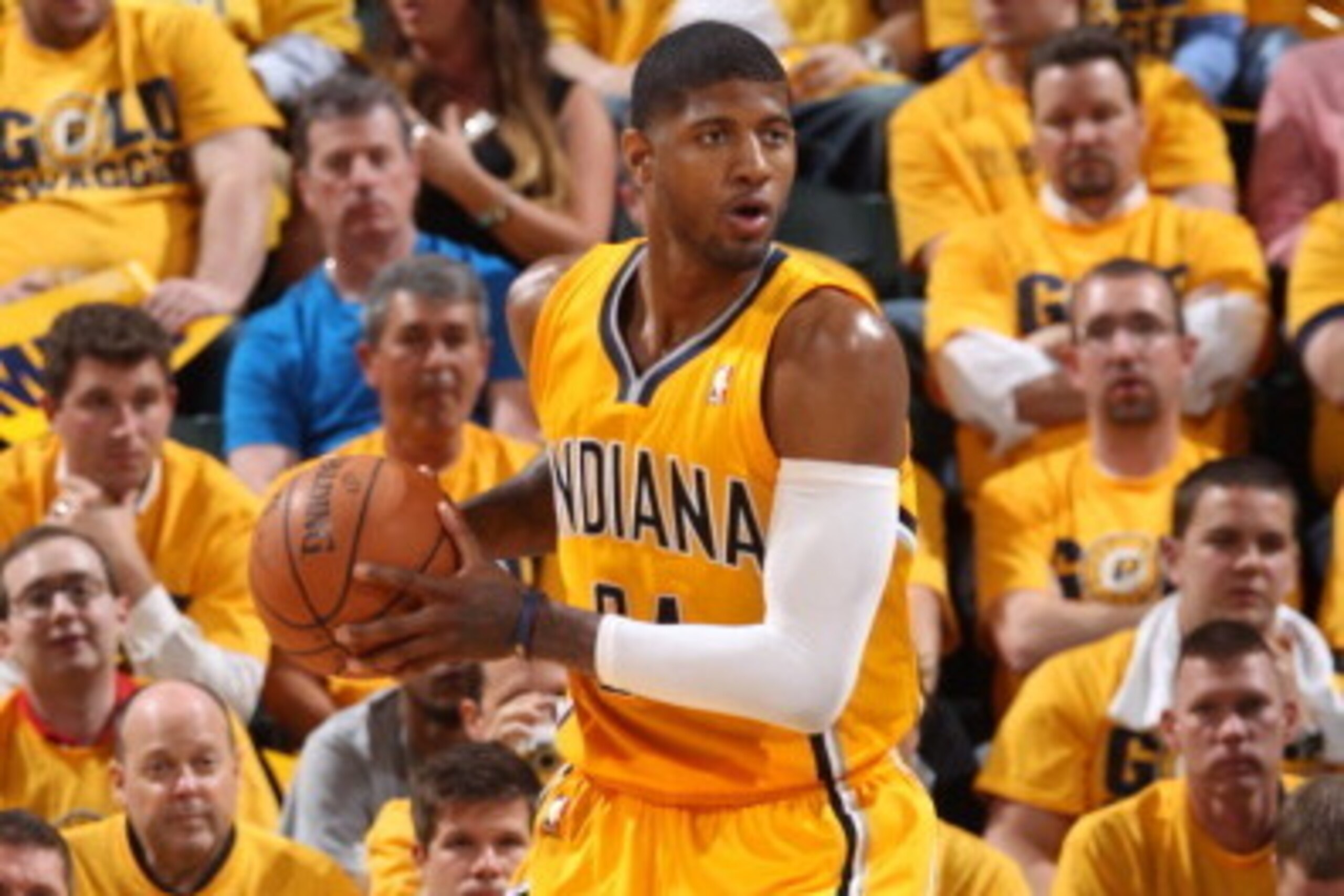 INDIANA MAY 5: Paul George #24 of the Indiana Pacers backs up to the basket against the Washington Wizards during Game One of the Eastern Conference Semifinals on May 5, 2014 at Bankers Life Fieldhouse in Indianapolis, Indiana. NOTE TO USER: User expressl