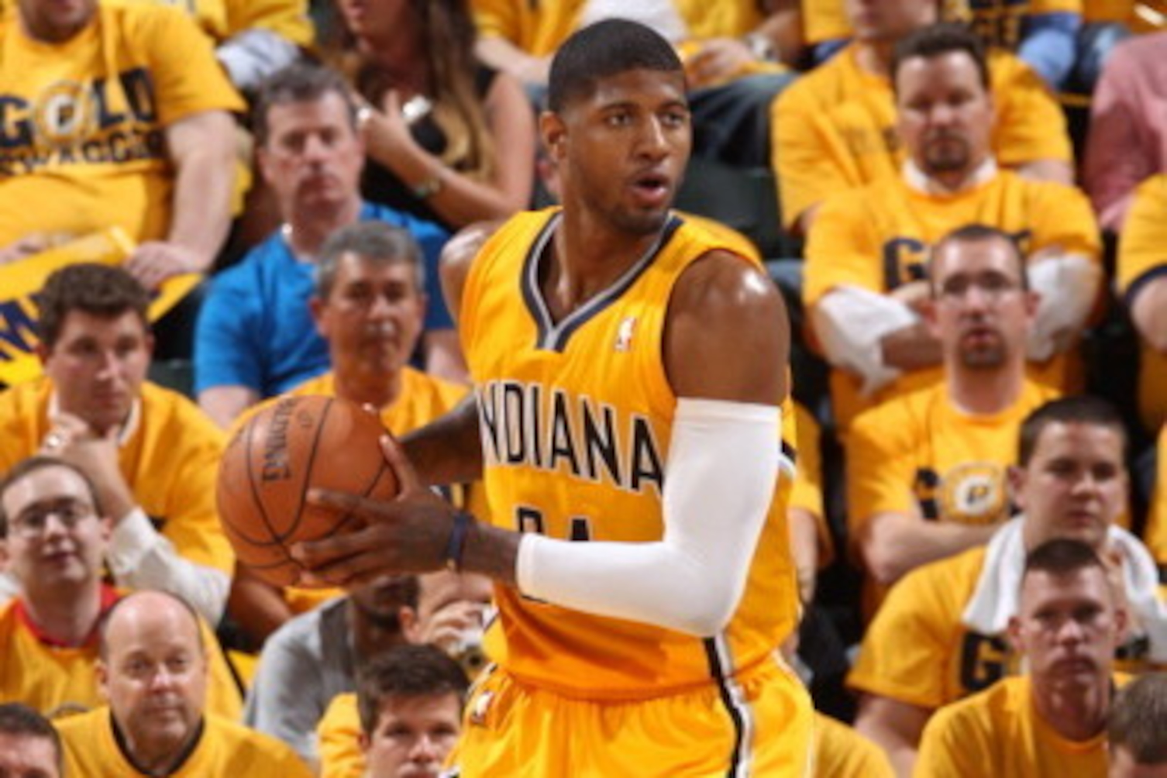 INDIANA MAY 5: Paul George #24 of the Indiana Pacers backs up to the basket against the Washington Wizards during Game One of the Eastern Conference Semifinals on May 5, 2014 at Bankers Life Fieldhouse in Indianapolis, Indiana. NOTE TO USER: User expressl