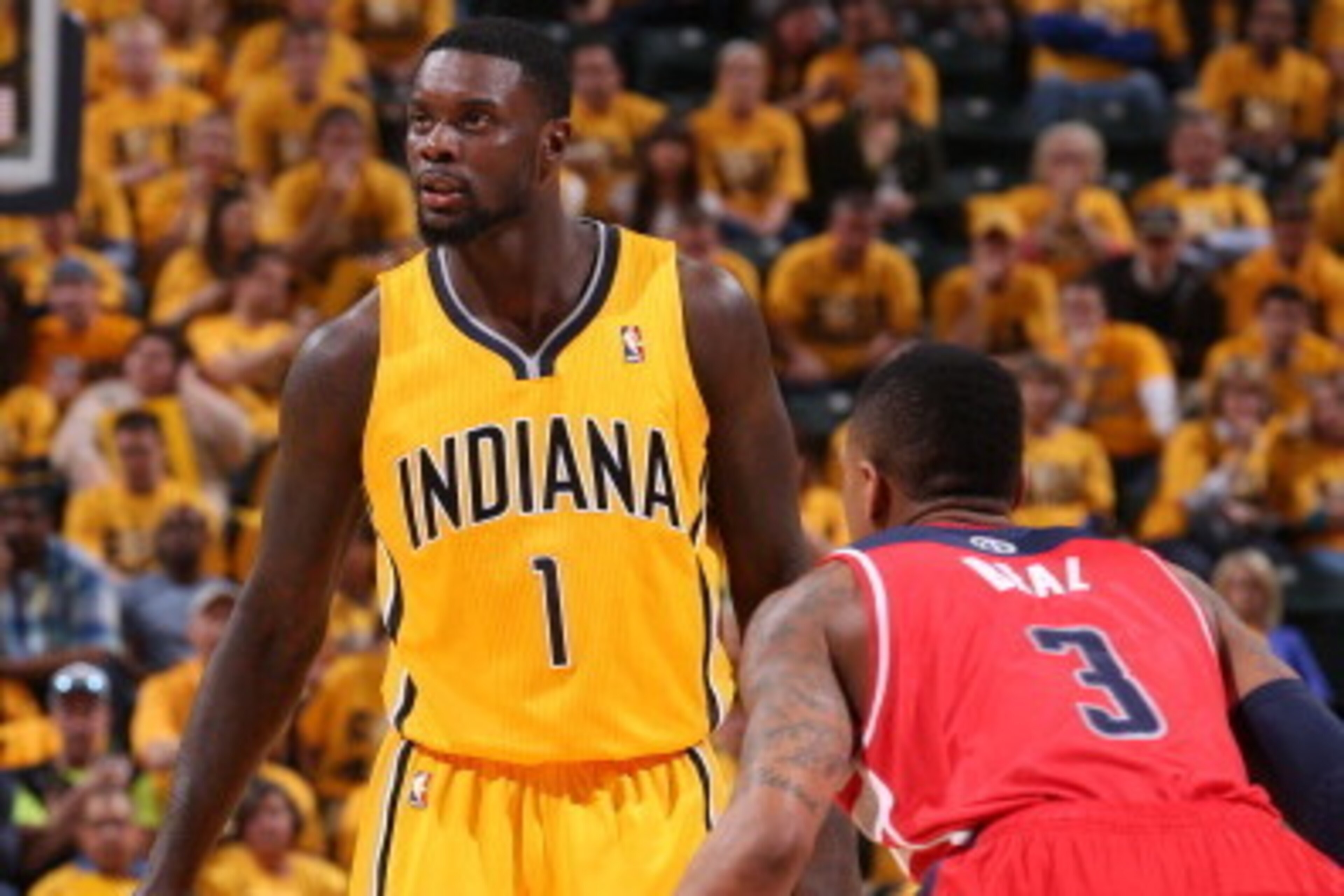 INDIANA MAY 5:  Lance Stephenson #1 of the Indiana Pacers looks to pass the ball against the Washington Wizards during Game One of the Eastern Conference Semifinals on May 5, 2014 at Bankers Life Fieldhouse in Indianapolis, Indiana. NOTE TO USER: User exp