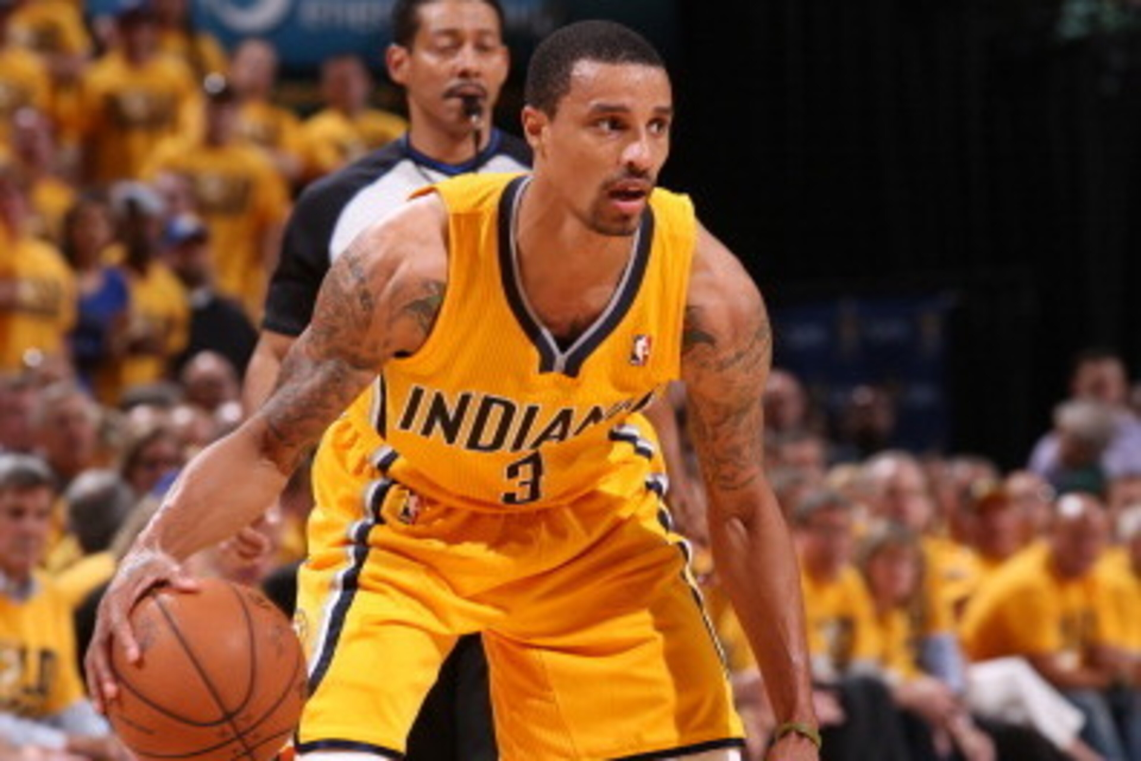 INDIANA MAY 5: George Hill #3 of the Indiana Pacers dribbles the ball against the Washington Wizards during Game One of the Eastern Conference Semifinals on May 5, 2014 at Bankers Life Fieldhouse in Indianapolis, Indiana. NOTE TO USER: User expressly ackn