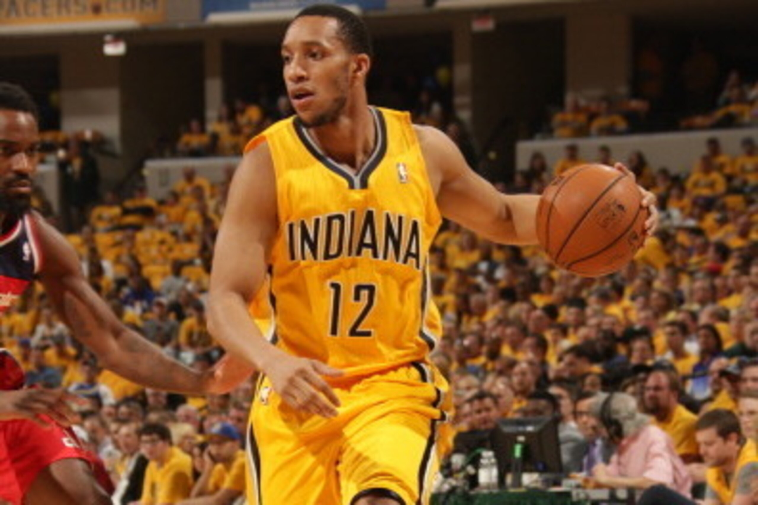 INDIANAPOLIS - MAY 5: Evan Turner #12 of the Indiana Pacers handles the ball against the Washington Wizards in Game One of the Eastern Conference Semi-Finals during the 2014 NBA Playoffs at Bankers Life Fieldhouse on May 5, 2014 in Indianapolis, Indiana. 