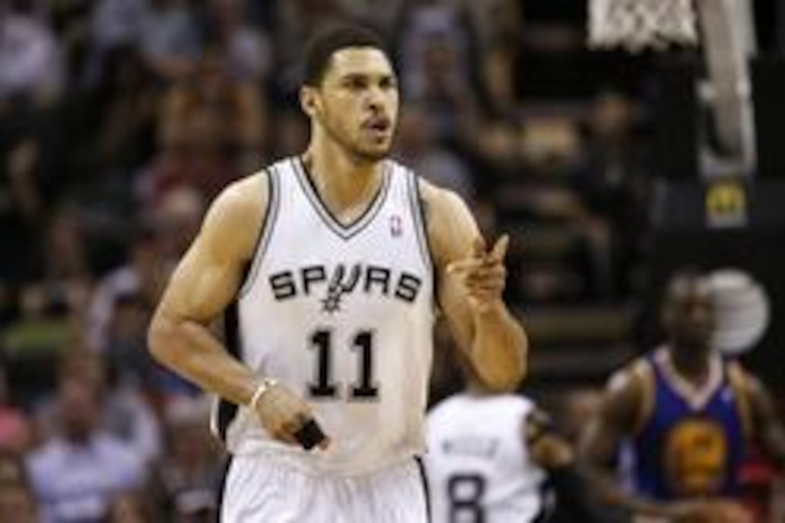 Apr 2, 2014; San Antonio, TX, USA; San Antonio Spurs forward Jeff Ayres (11) reacts after a shot against the Golden State Warriors during the second half at AT&T Center. The Spurs won 111-90. Mandatory Credit: Soobum Im-USA TODAY Sports