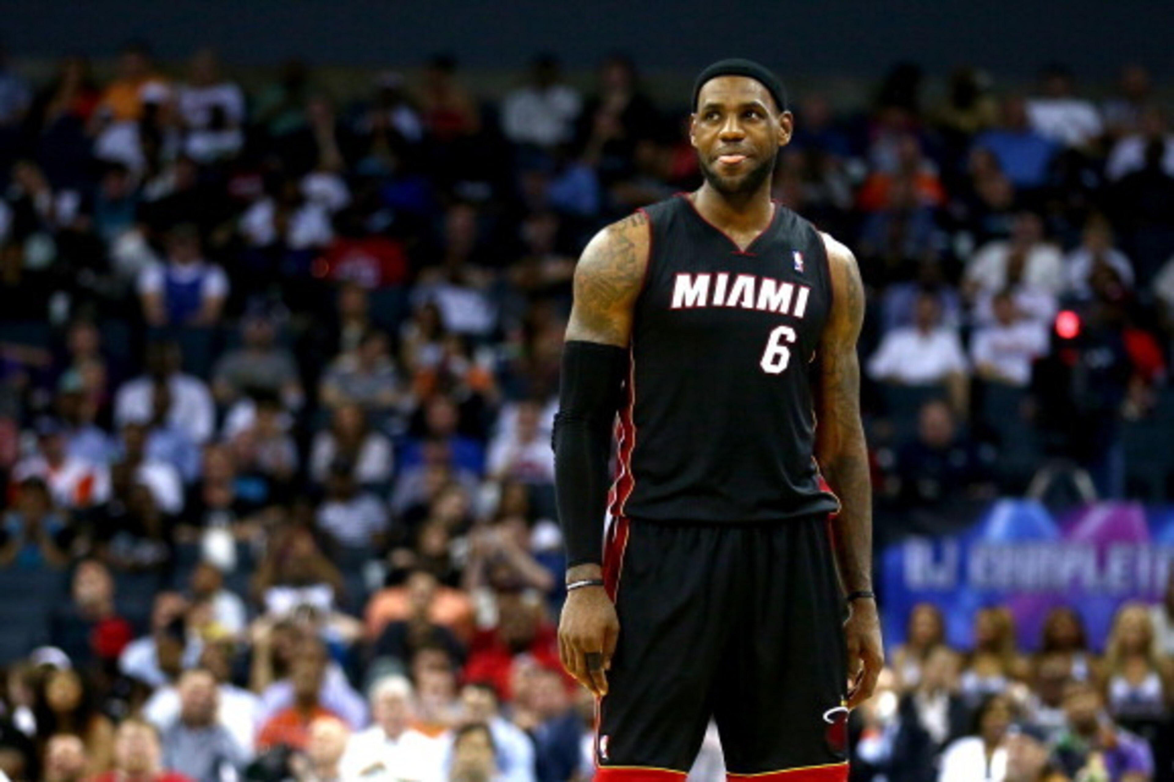 CHARLOTTE, NC - APRIL 28: LeBron James #6 of the Miami Heat during their game against the Charlotte Bobcats in Game Four of the Eastern Conference Quarterfinals during the 2014 NBA Playoffs at Time Warner Cable Arena on April 28, 2014 in Charlotte, North CHARLOTTE, NC - APRIL 28: LeBron James #6 of the Miami Heat during their game against the Charlotte Bobcats in Game Four of the Eastern Conference Quarterfinals during the 2014 NBA Playoffs at Time Warner Cable Arena on April 28, 2014 in Charlotte, North